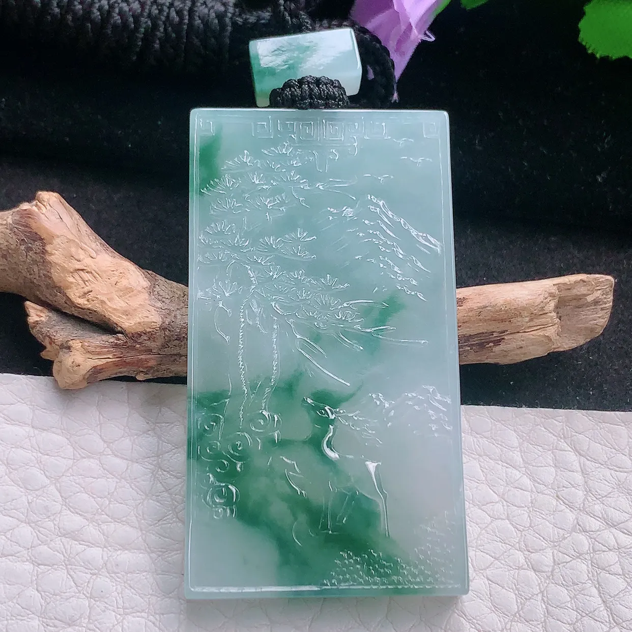 yl实拍56.5*31.2*5.6缅甸翡翠冰飘花方形山水牌 大好河山玉项坠 玉挂件