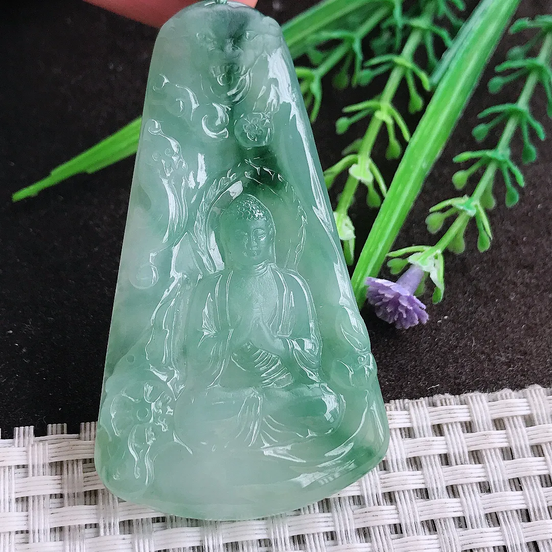 实拍A货翡翠64/36.6/5.6老坑冰胶水灵冰飘花大日如来佛祖吊坠翡翠挂件