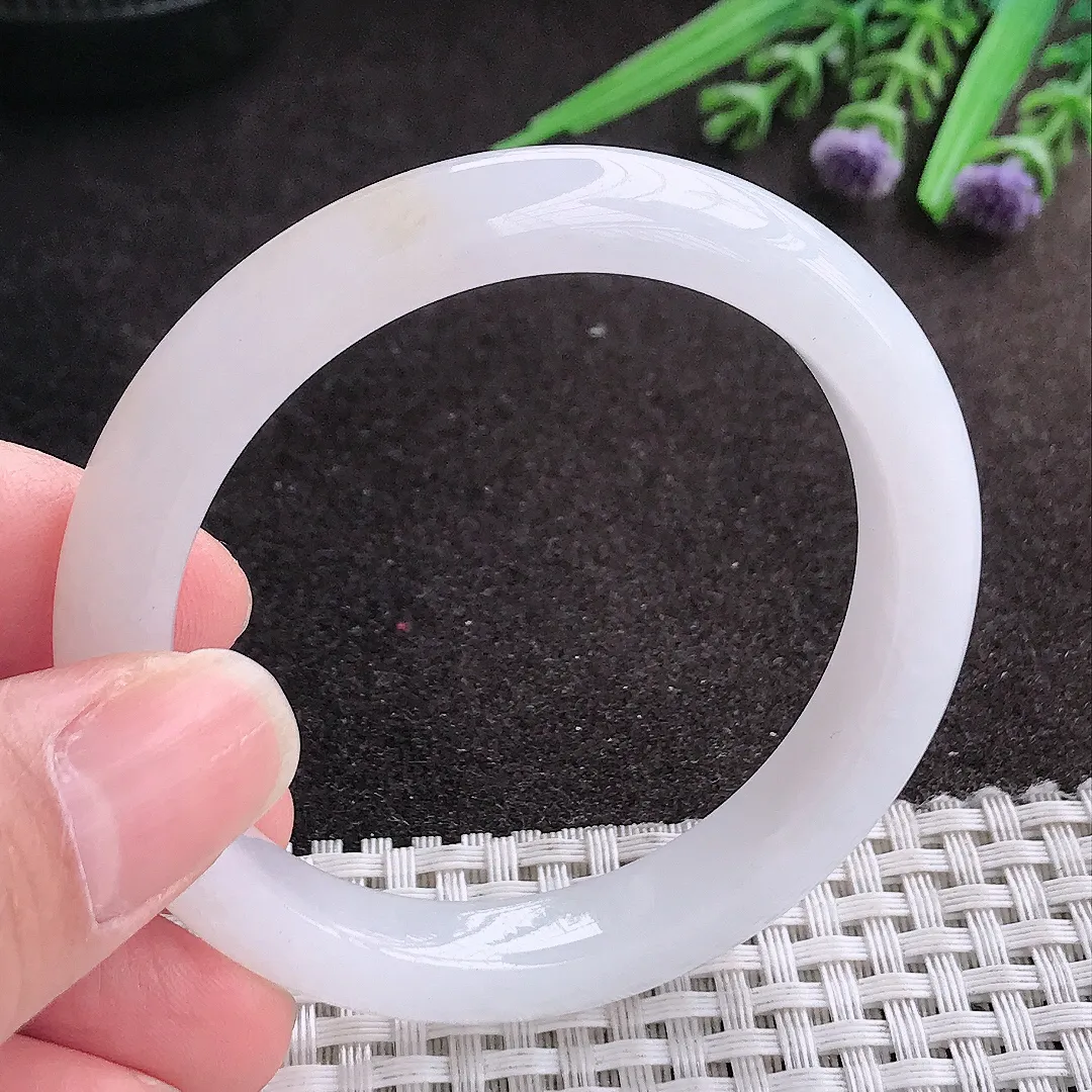 实拍A货翡翠52/9.2/8老坑冰纯起胶月光白手镯宽边玉镯手环