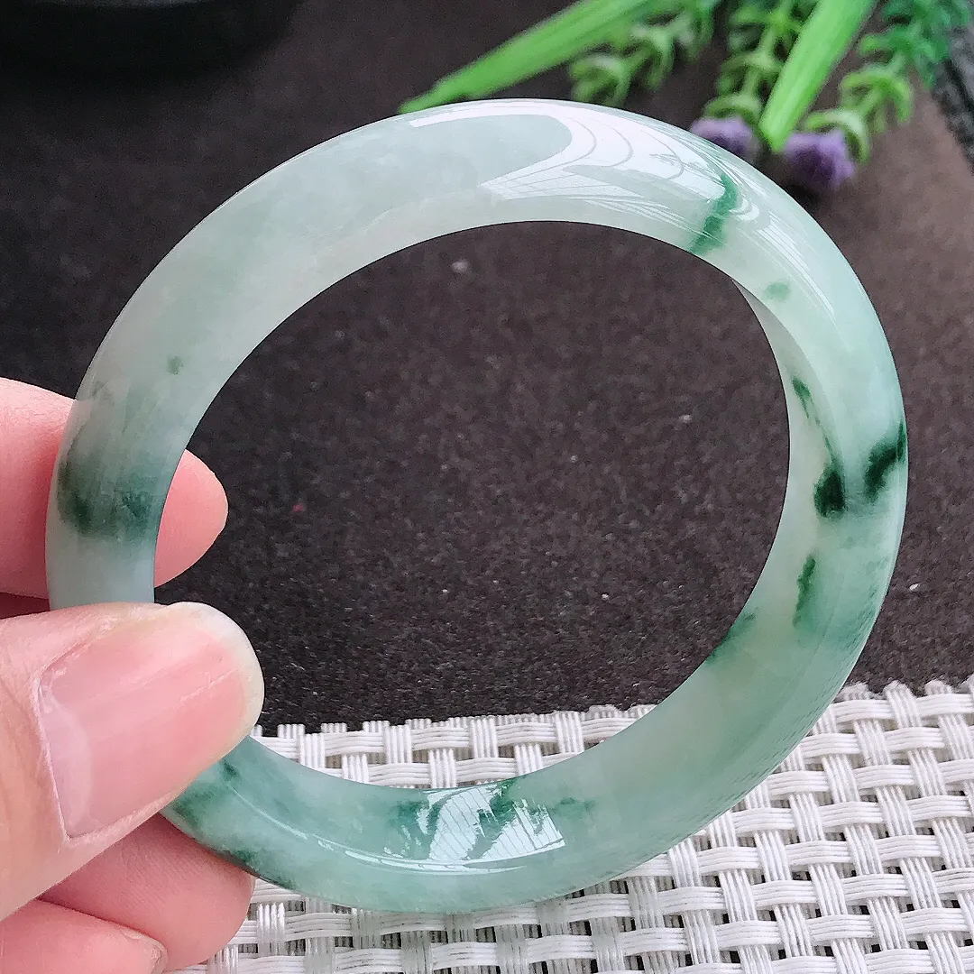 实拍A货翡翠56/13/7.8老坑冰胶果冻飘花手镯宽边玉镯手环