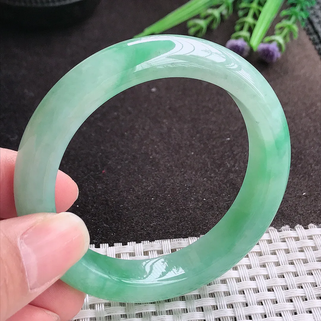 实拍A货翡翠54.8/12.5/9老坑冰胶果冻满绿冰甜绿手镯宽边玉镯手环