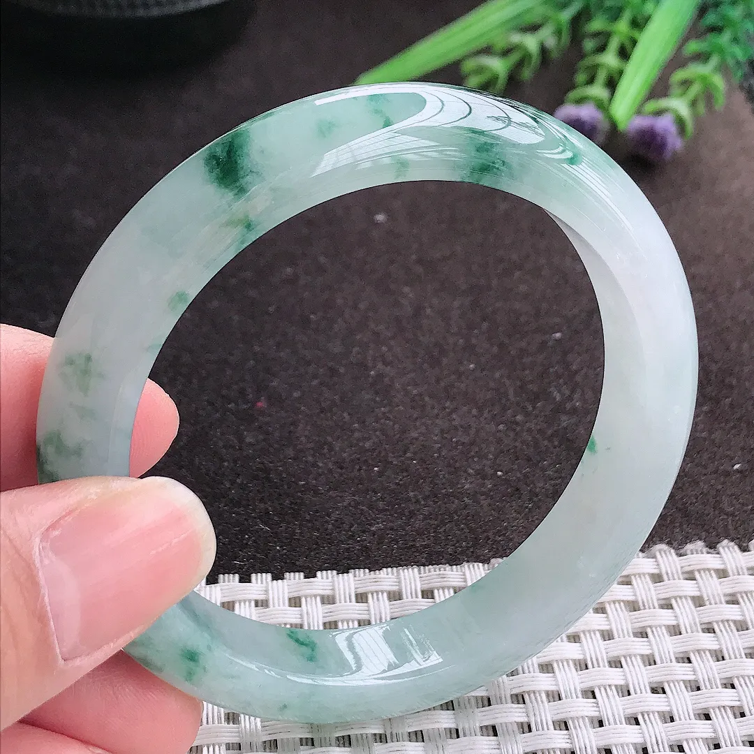 实拍A货翡翠56/11.4/8.5老坑冰胶果冻冰飘花手镯宽边玉镯手环