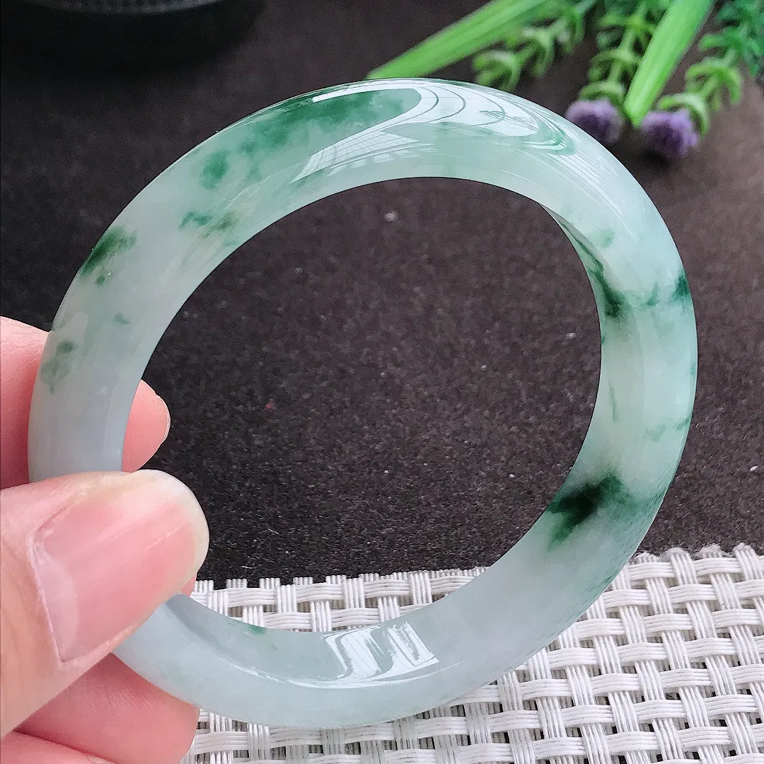 实拍A货翡翠56/11.4/8.5老坑冰胶果冻冰飘花手镯宽边玉镯手环