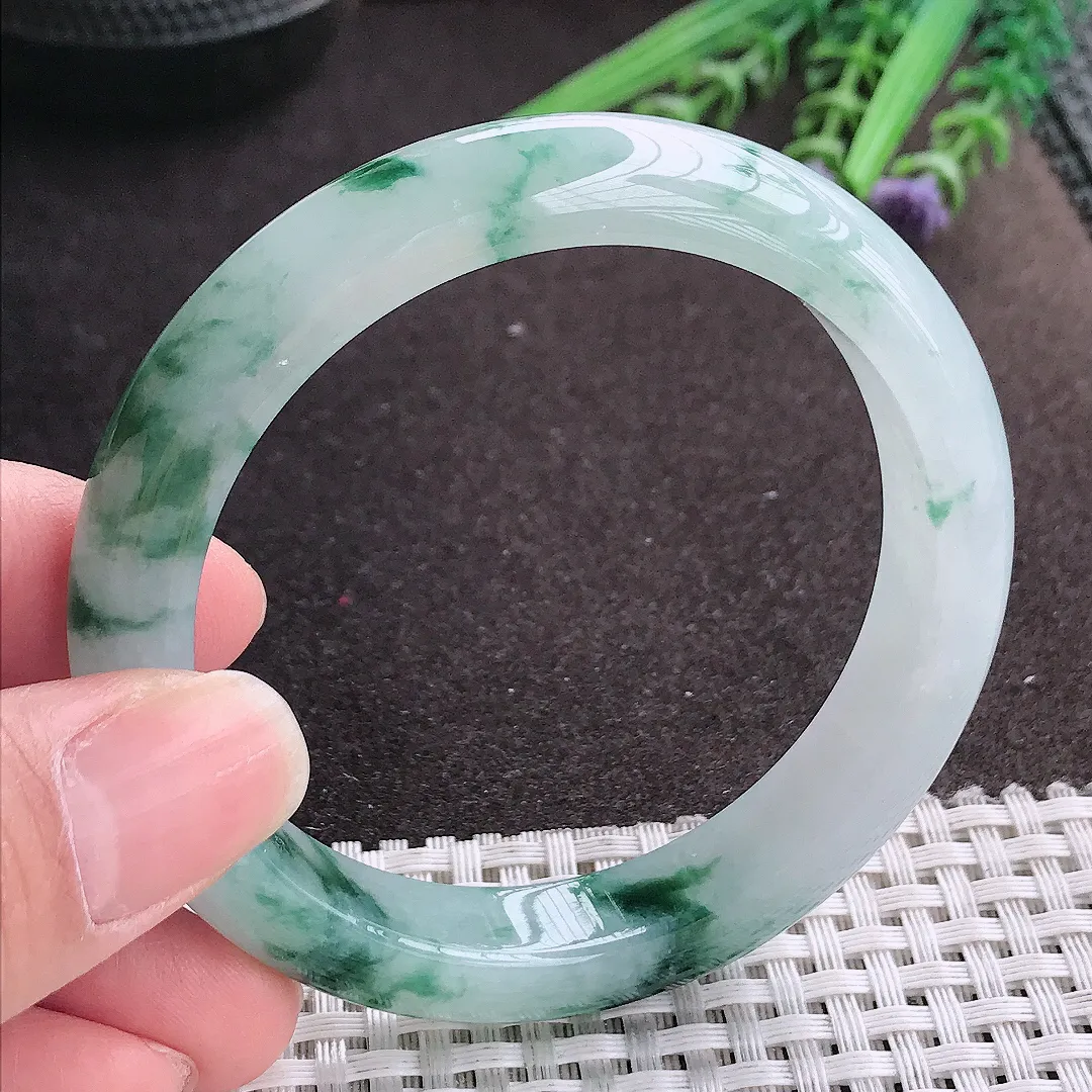 实拍A货翡翠56/11.4/8.5老坑冰胶果冻冰飘花手镯宽边玉镯手环