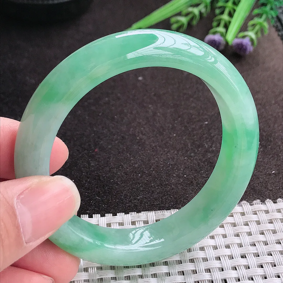 实拍A货翡翠54.8/12.5/9老坑冰胶果冻满绿冰甜绿手镯宽边玉镯手环