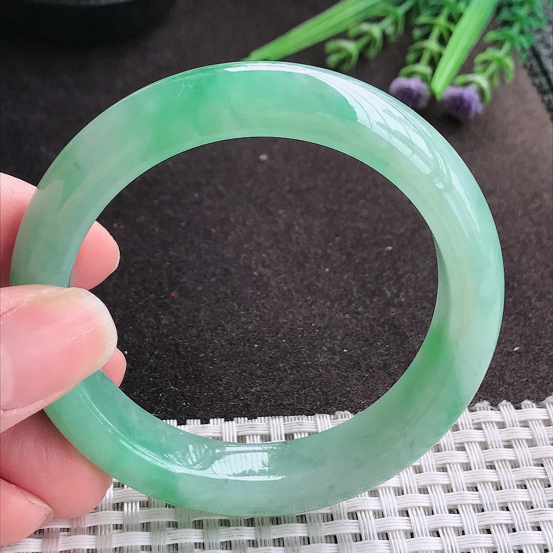 实拍A货翡翠54.8/12.5/9老坑冰胶果冻满绿冰甜绿手镯宽边玉镯手环