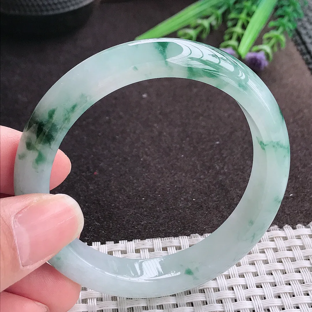 实拍A货翡翠56/11.4/8.5老坑冰胶果冻冰飘花手镯宽边玉镯手环