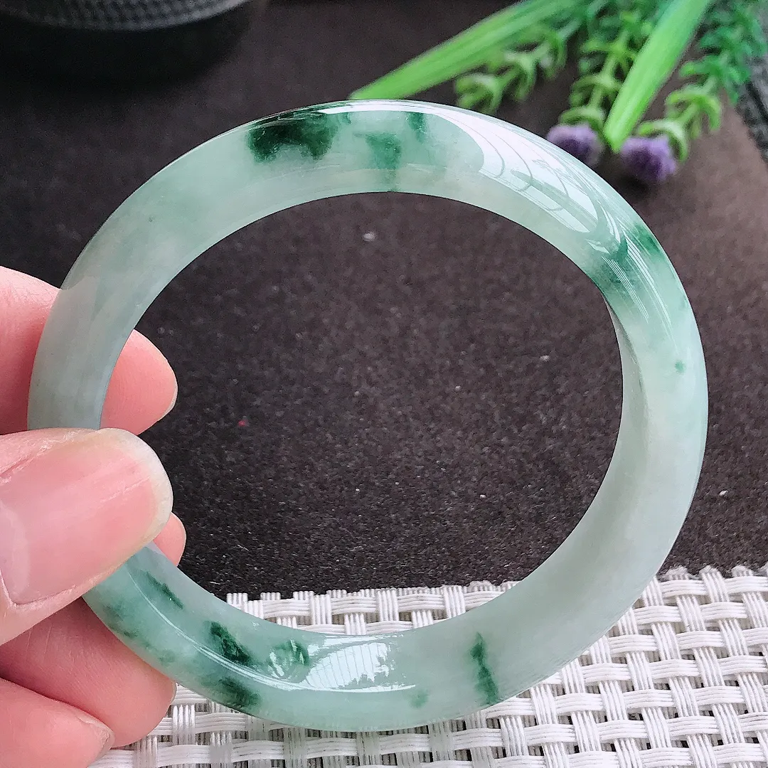 实拍A货翡翠56/13/7.8老坑冰胶果冻飘花手镯宽边玉镯手环