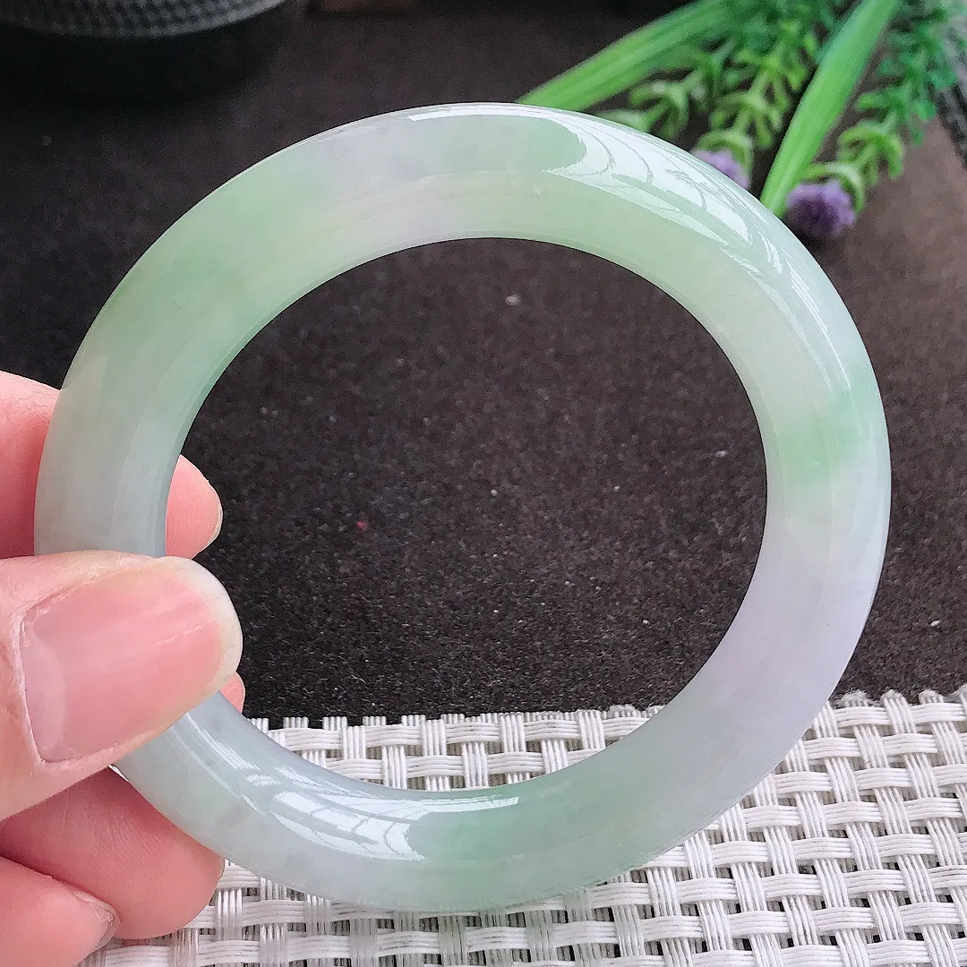 实拍A货翡翠54/11.2/11老坑冰胶果冻冰晴甜绿圆条手镯玉镯手环