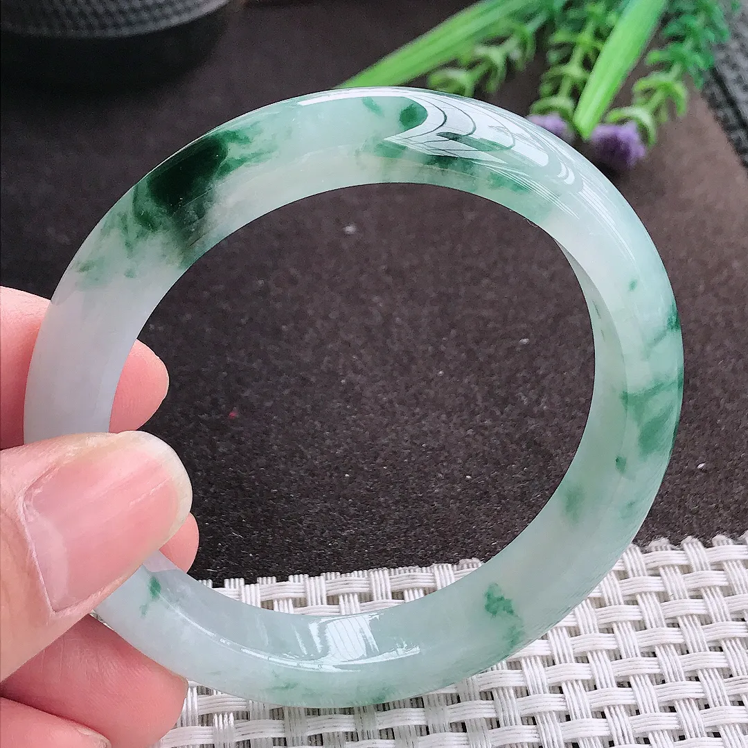 实拍A货翡翠56/11.4/8.5老坑冰胶果冻冰飘花手镯宽边玉镯手环