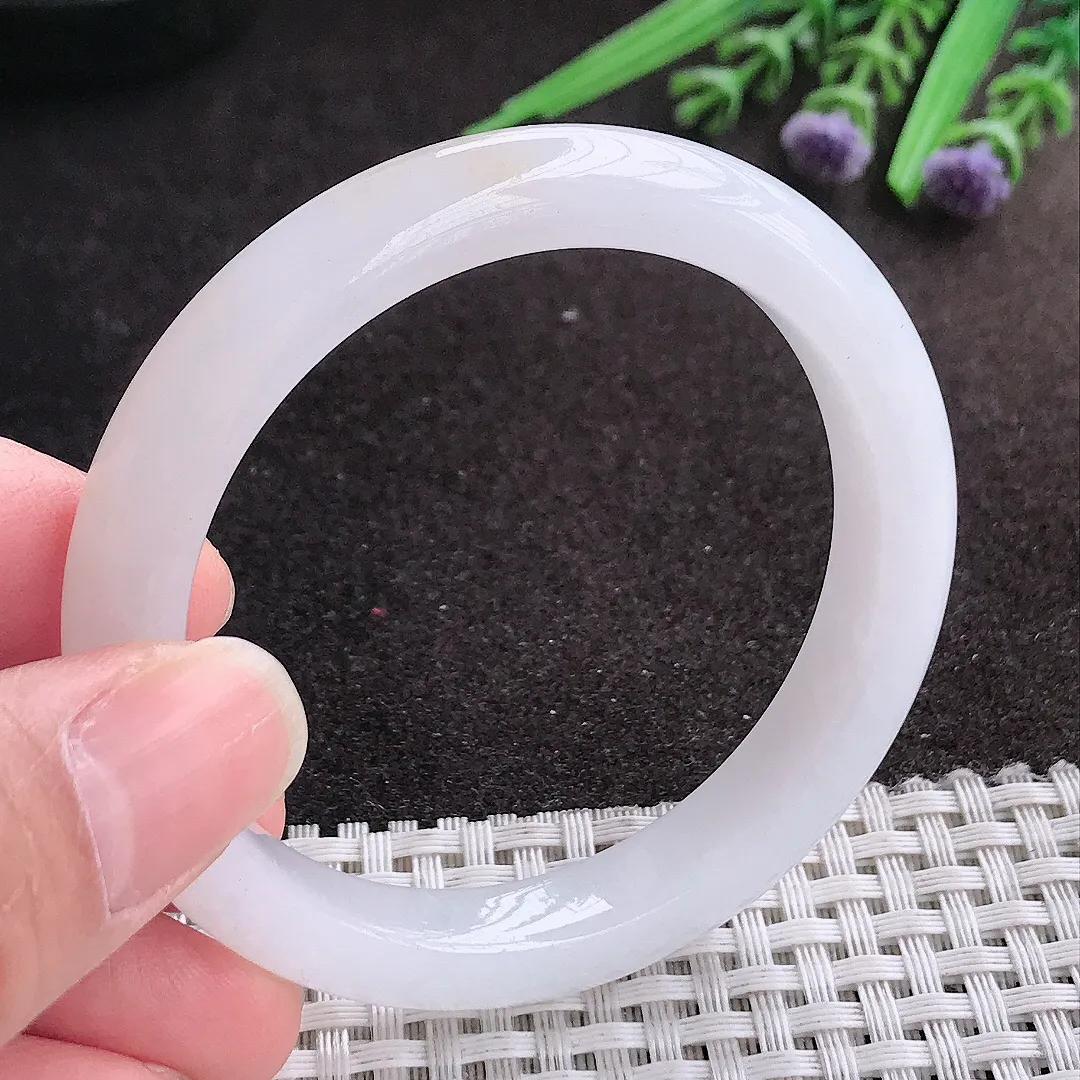 实拍A货翡翠52/9.2/8老坑冰纯起胶月光白手镯宽边玉镯手环