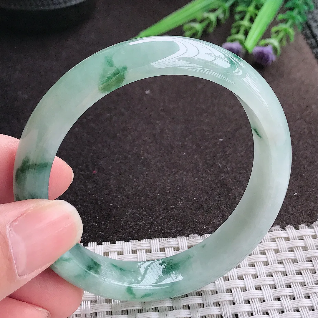 实拍A货翡翠56/13/7.8老坑冰胶果冻飘花手镯宽边玉镯手环