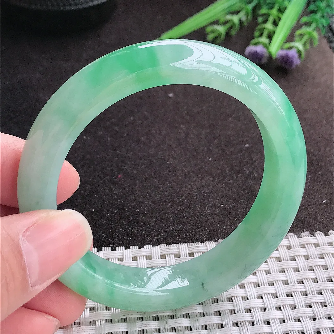 实拍A货翡翠54.8/12.5/9老坑冰胶果冻满绿冰甜绿手镯宽边玉镯手环