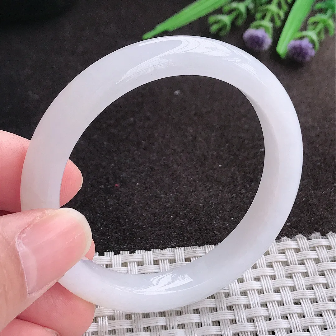 实拍A货翡翠52/9.2/8老坑冰纯起胶月光白手镯宽边玉镯手环