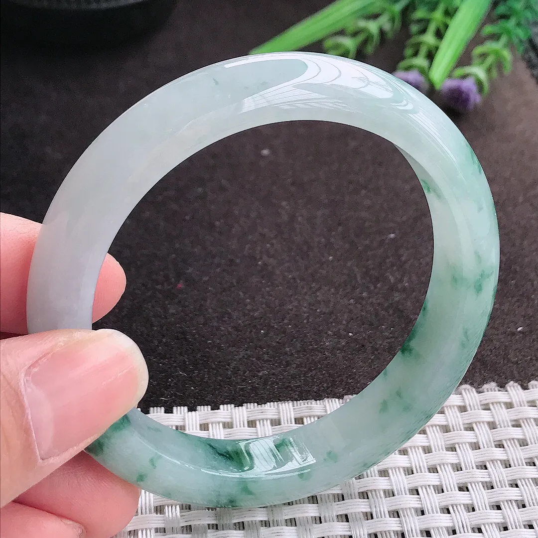 实拍A货翡翠56/11.4/8.5老坑冰胶果冻冰飘花手镯宽边玉镯手环