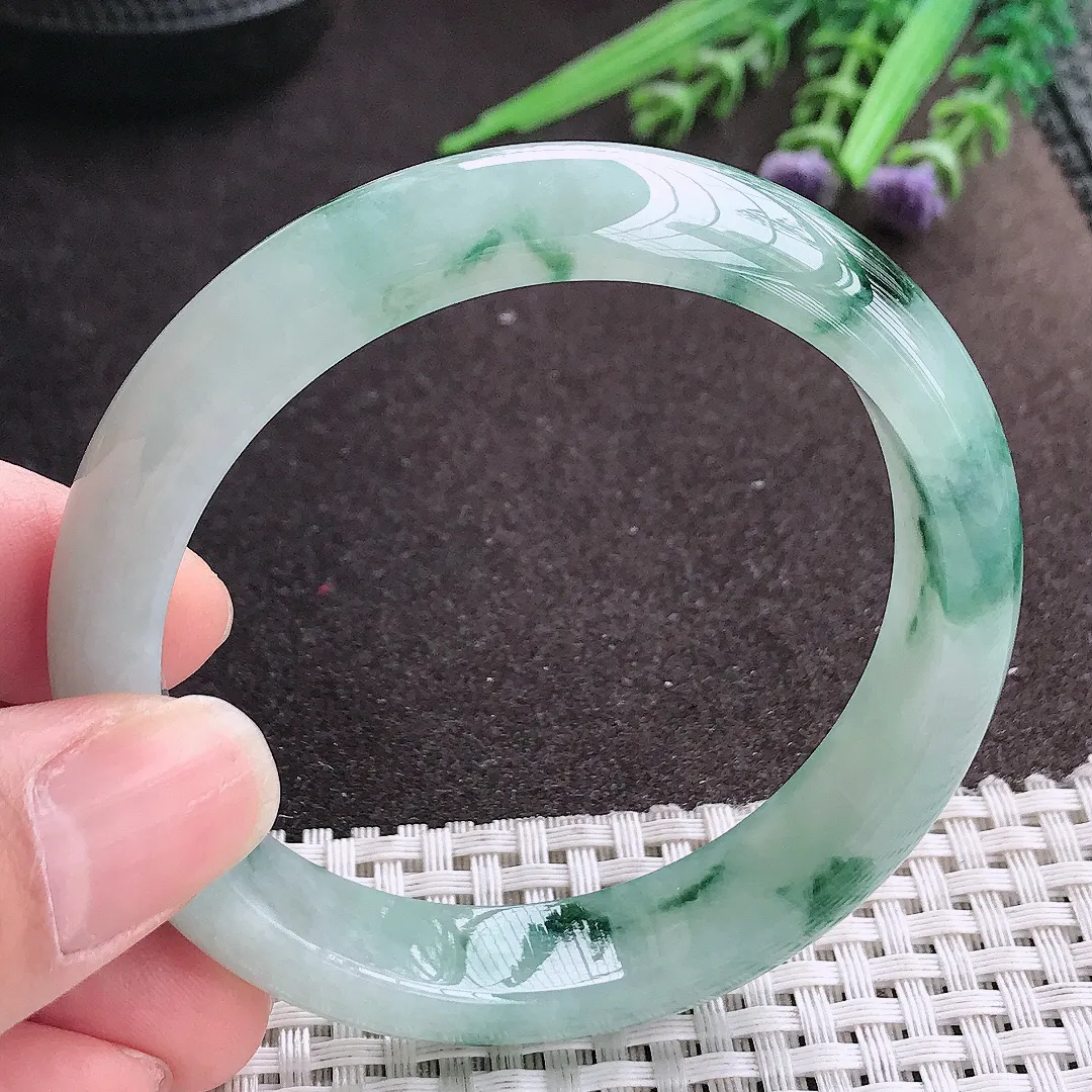 实拍A货翡翠56/13/7.8老坑冰胶果冻飘花手镯宽边玉镯手环