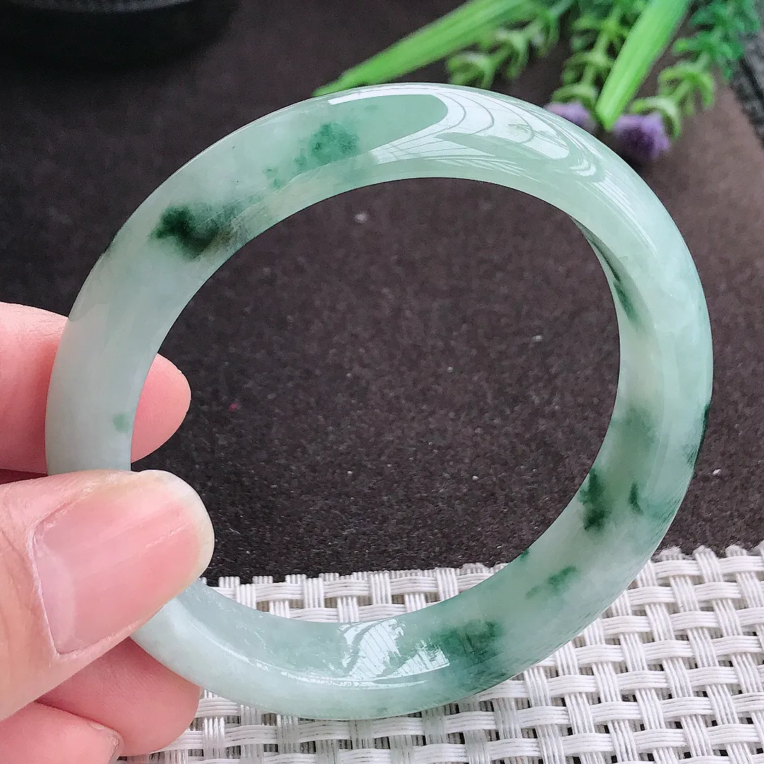 实拍A货翡翠56/13/7.8老坑冰胶果冻飘花手镯宽边玉镯手环