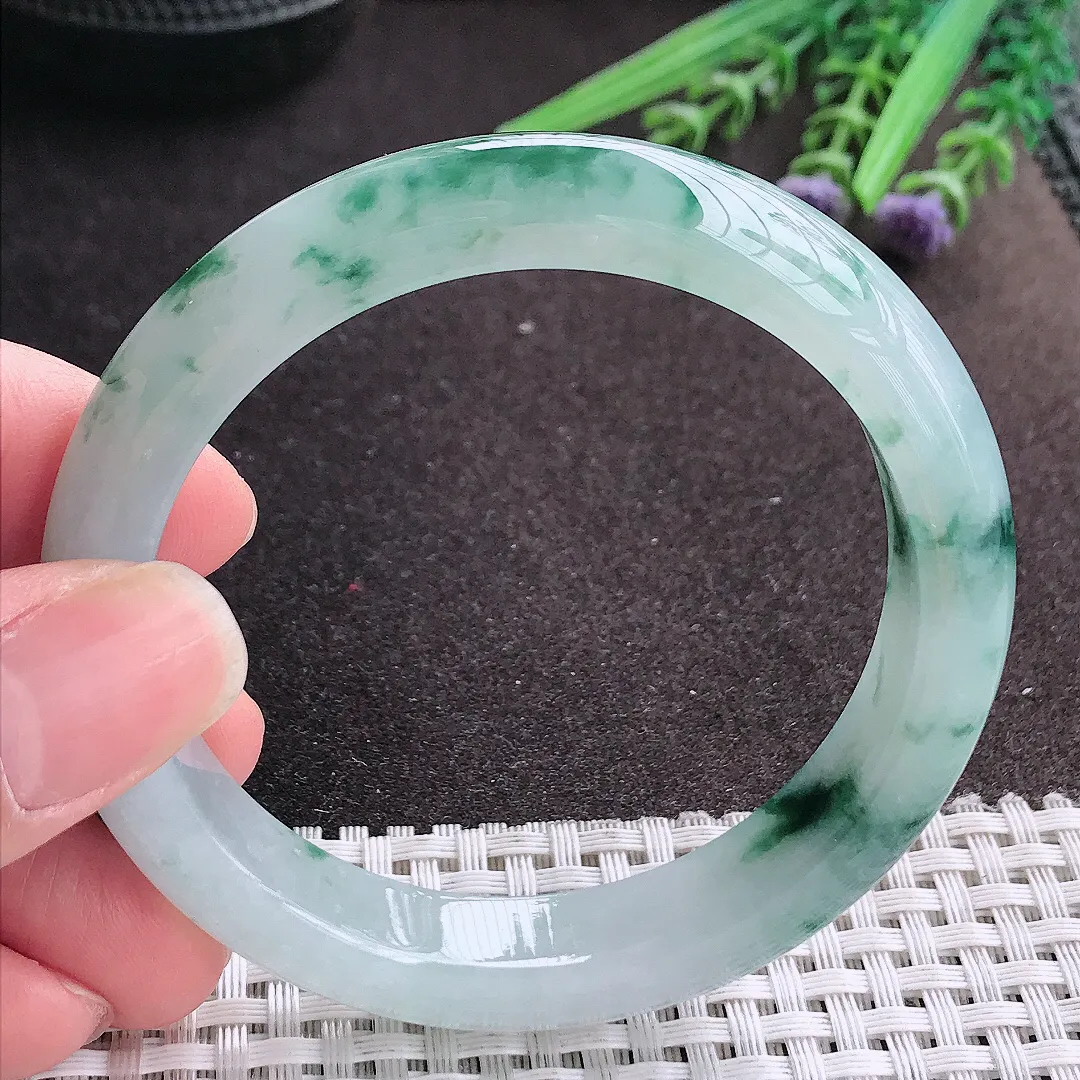 实拍A货翡翠56/11.4/8.5老坑冰胶果冻冰飘花手镯宽边玉镯手环