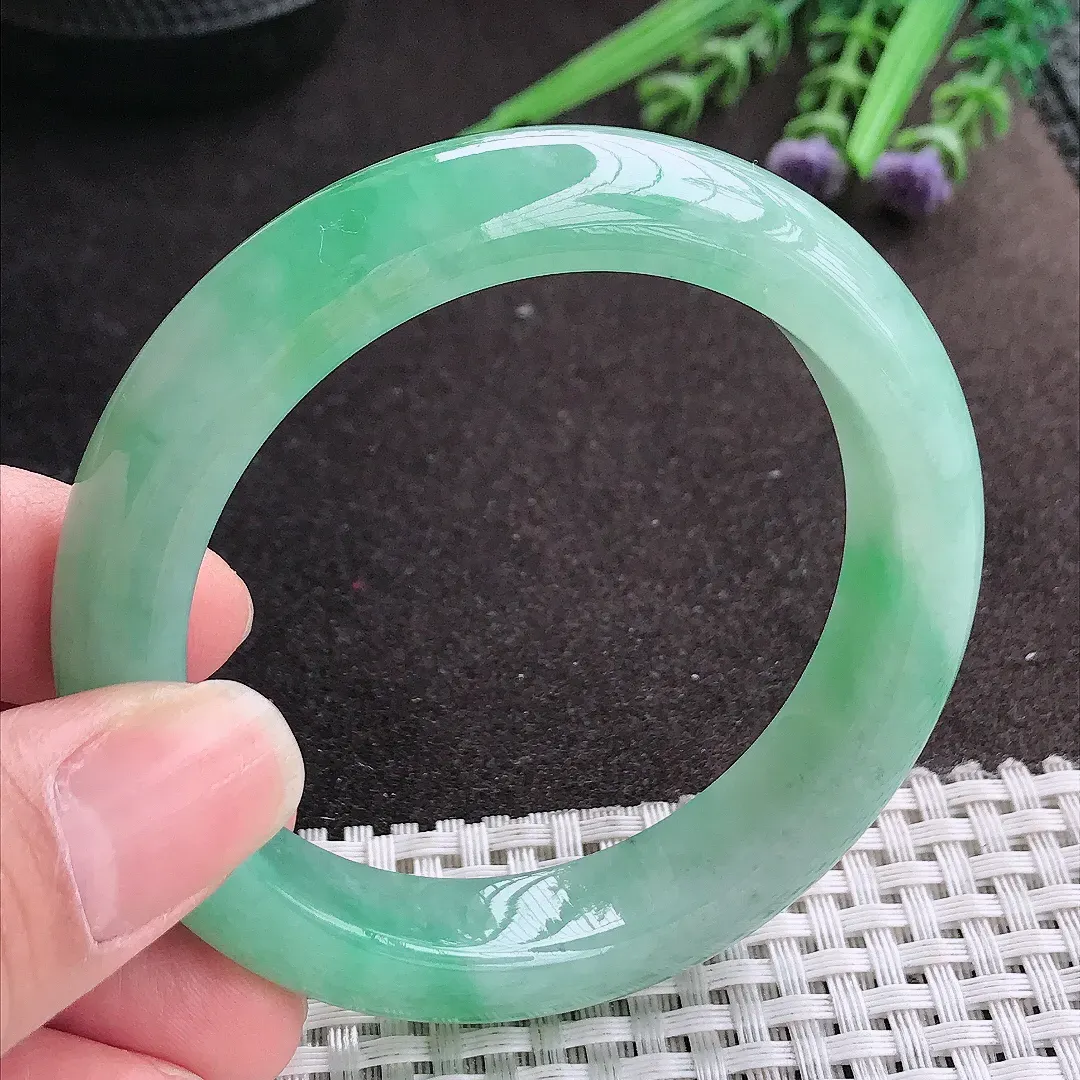 实拍A货翡翠54.8/12.5/9老坑冰胶果冻满绿冰甜绿手镯宽边玉镯手环