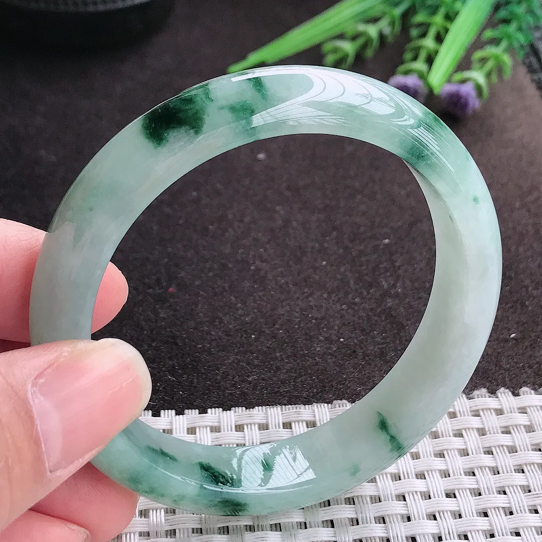 实拍A货翡翠56/13/7.8老坑冰胶果冻飘花手镯宽边玉镯手环