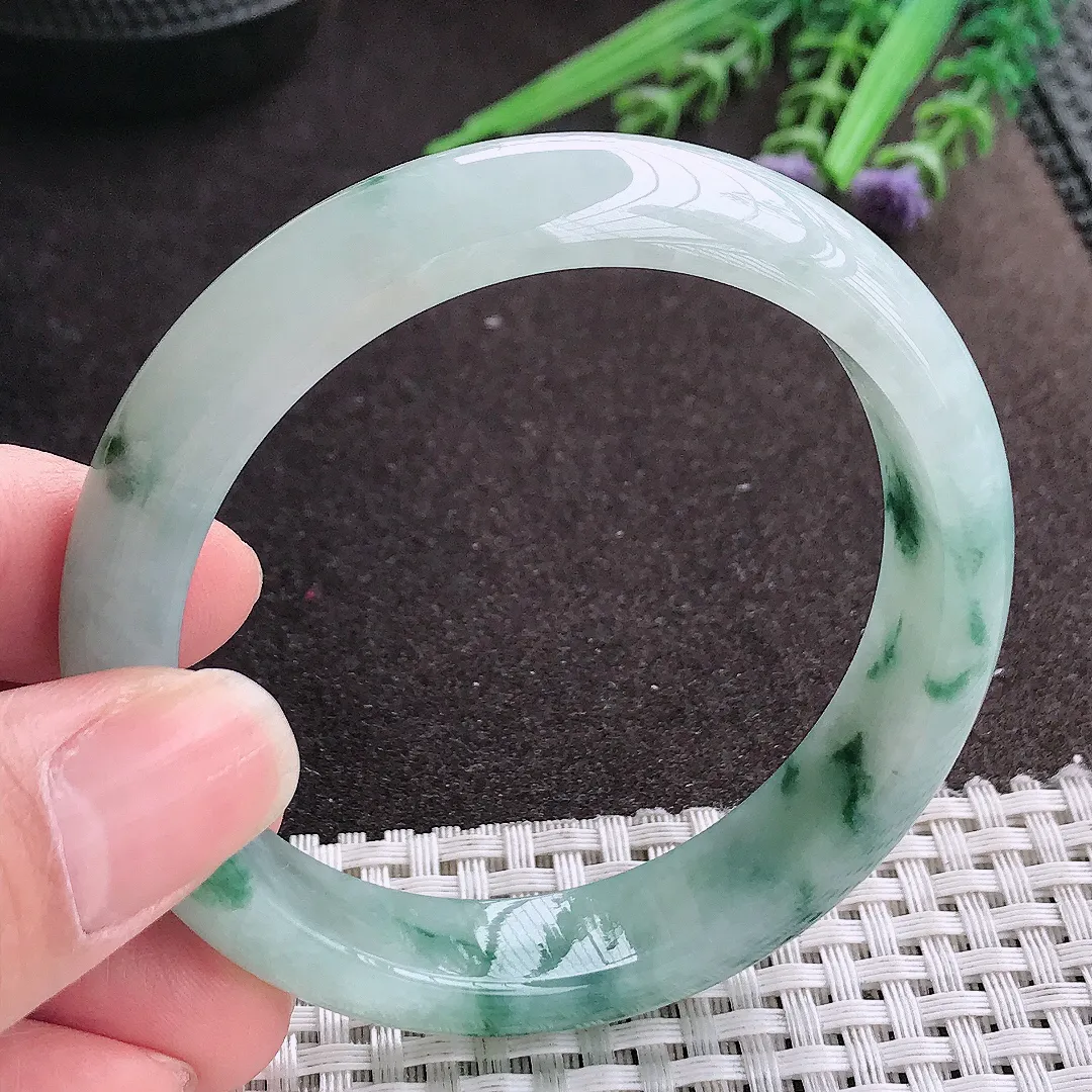 实拍A货翡翠56/13/7.8老坑冰胶果冻飘花手镯宽边玉镯手环