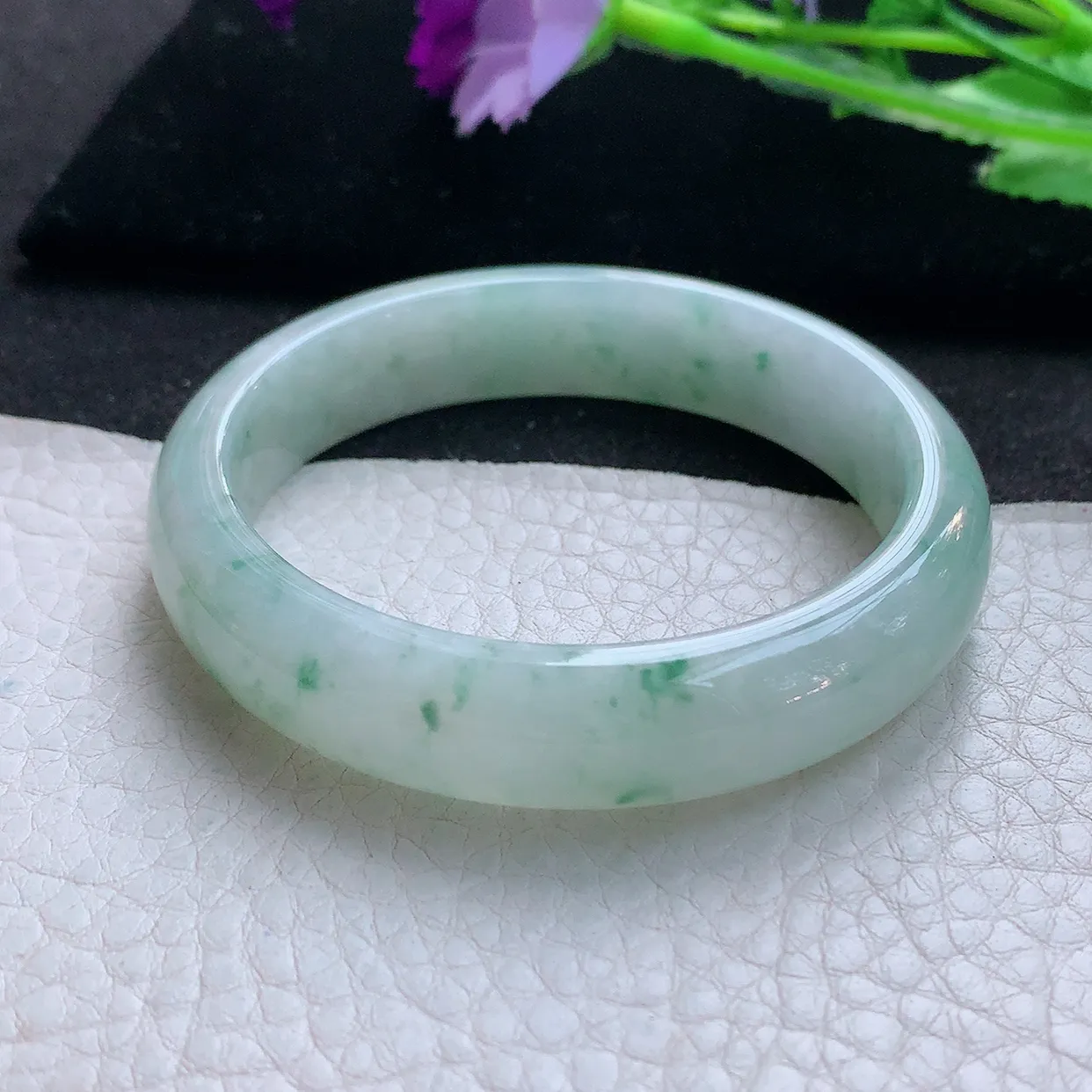 ll自然光53*12.5*7平安镯 天然翡翠A货玉手镯冰飘花清秀宽边玉手环