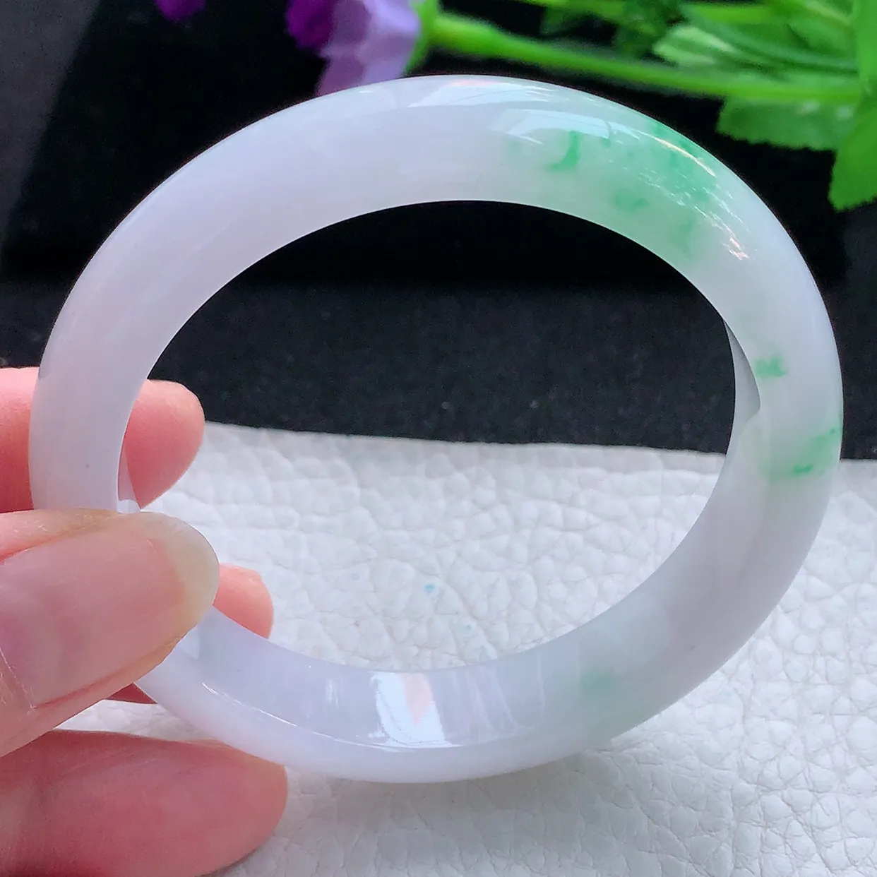 nr自然光57*12.8*8平安镯 天然翡翠A货玉手镯冰飘阳绿宽边玉手环