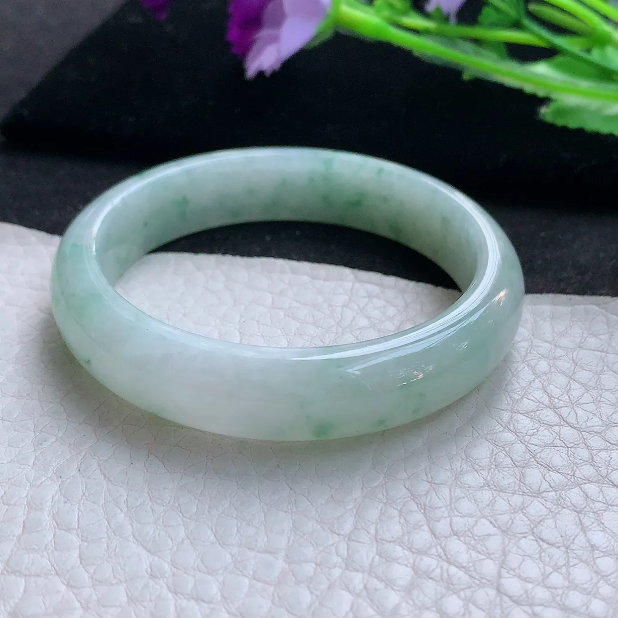 ll自然光53*12.5*7平安镯 天然翡翠A货玉手镯冰飘花清秀宽边玉手环