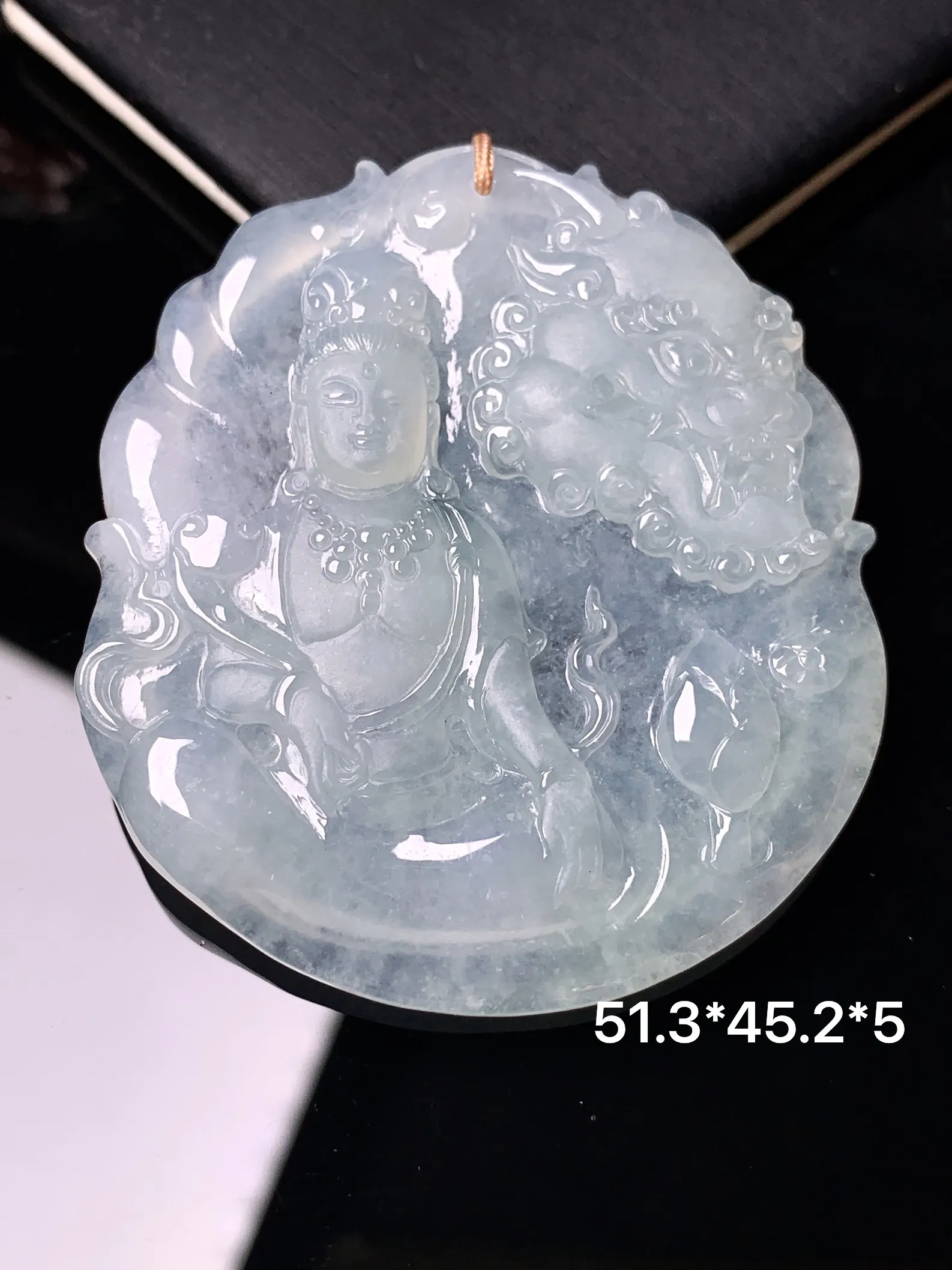 冰种文殊观音菩萨吊坠 玉质细腻 色泽清新艳丽 整体尺寸51.3*45.2*5