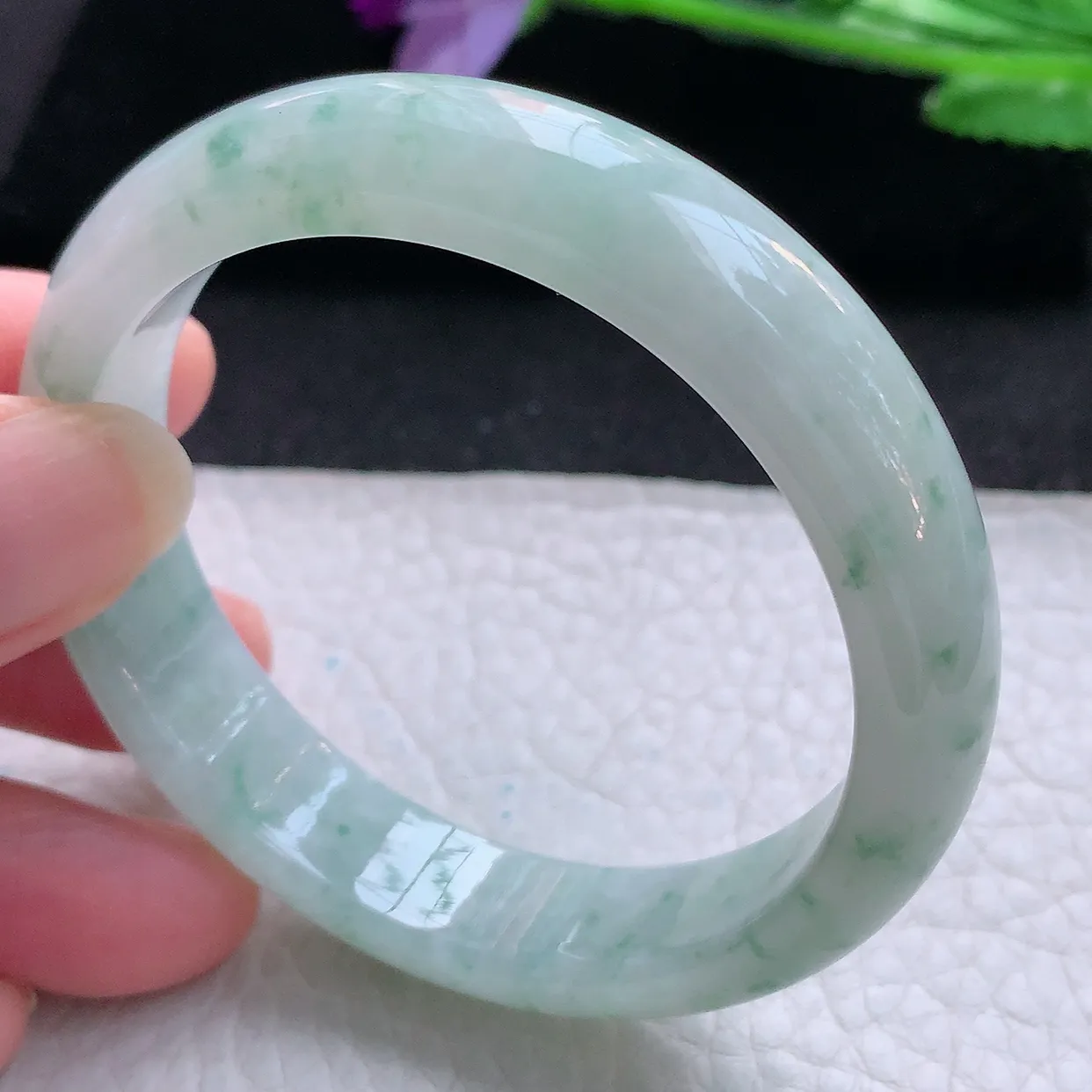 ll自然光53*12.5*7平安镯 天然翡翠A货玉手镯冰飘花清秀宽边玉手环