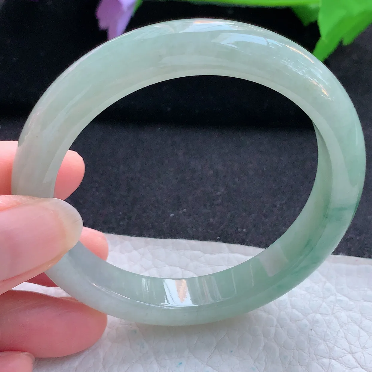 ll自然光56.5*11.3*8.2平安镯 天然翡翠A货玉手镯冰飘花清秀宽边玉手环