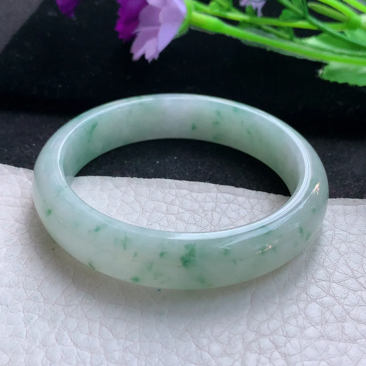 ll自然光53*12.5*7平安镯 天然翡翠A货玉手镯冰飘花清秀宽边玉手环