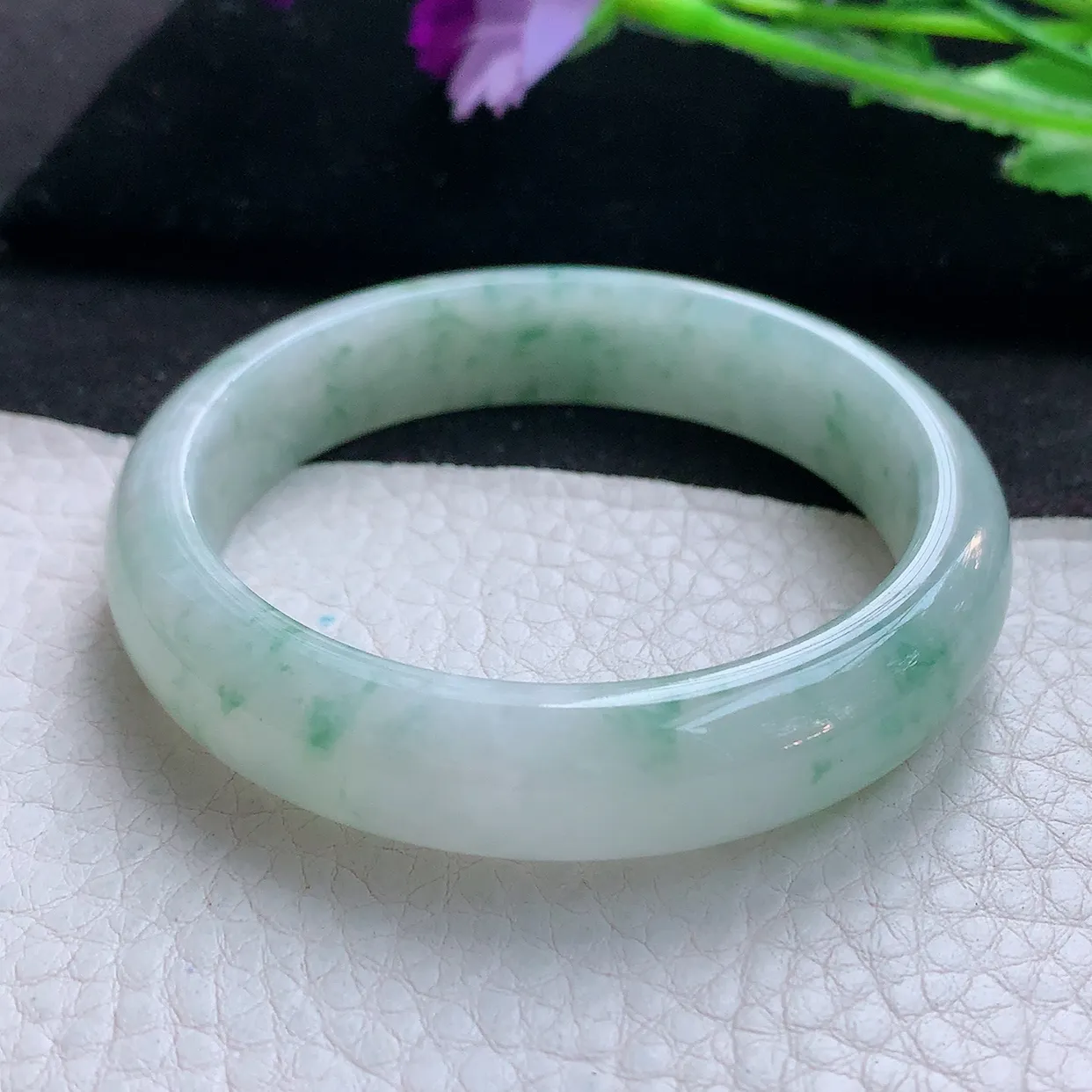 ll自然光53*12.5*7平安镯 天然翡翠A货玉手镯冰飘花清秀宽边玉手环