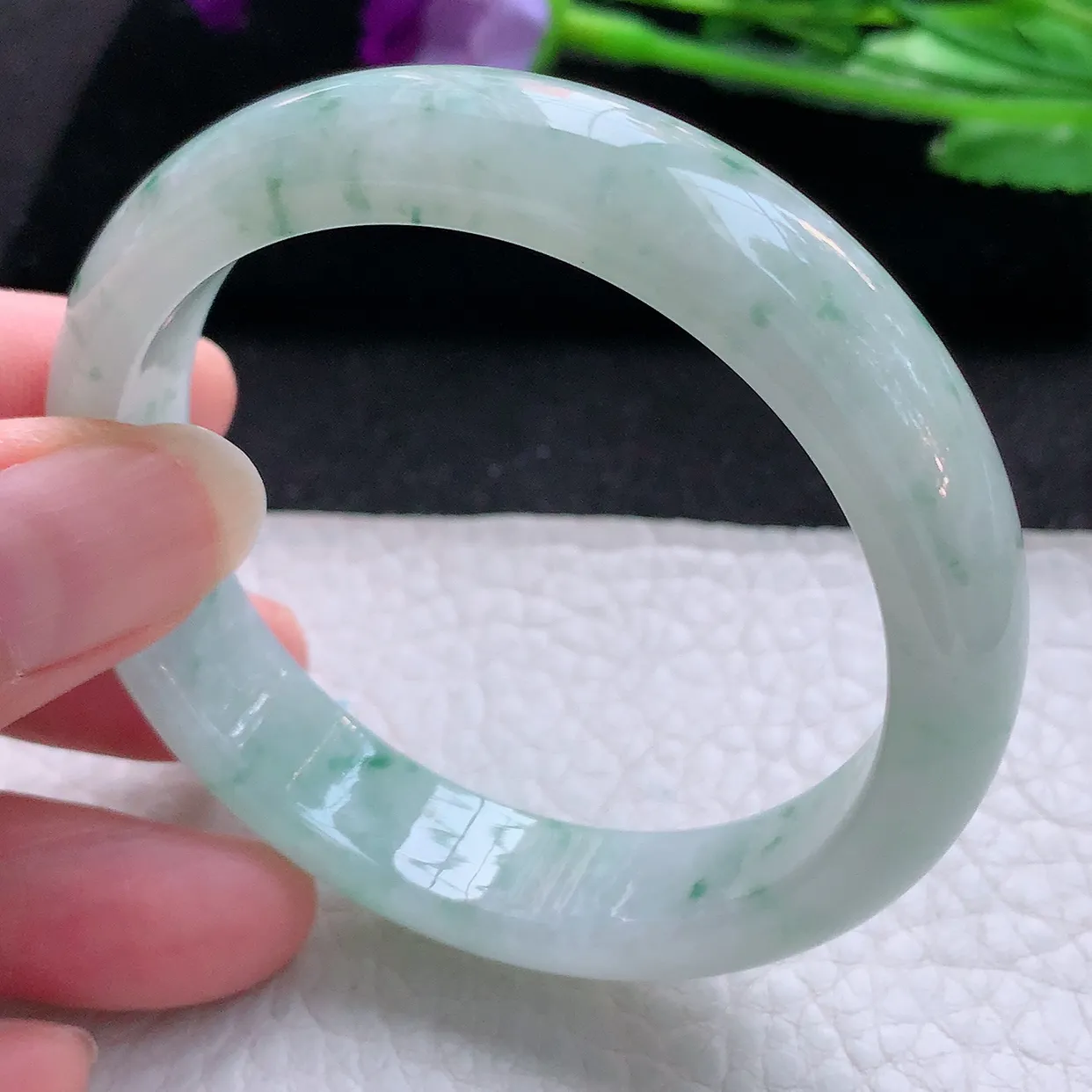ll自然光53*12.5*7平安镯 天然翡翠A货玉手镯冰飘花清秀宽边玉手环