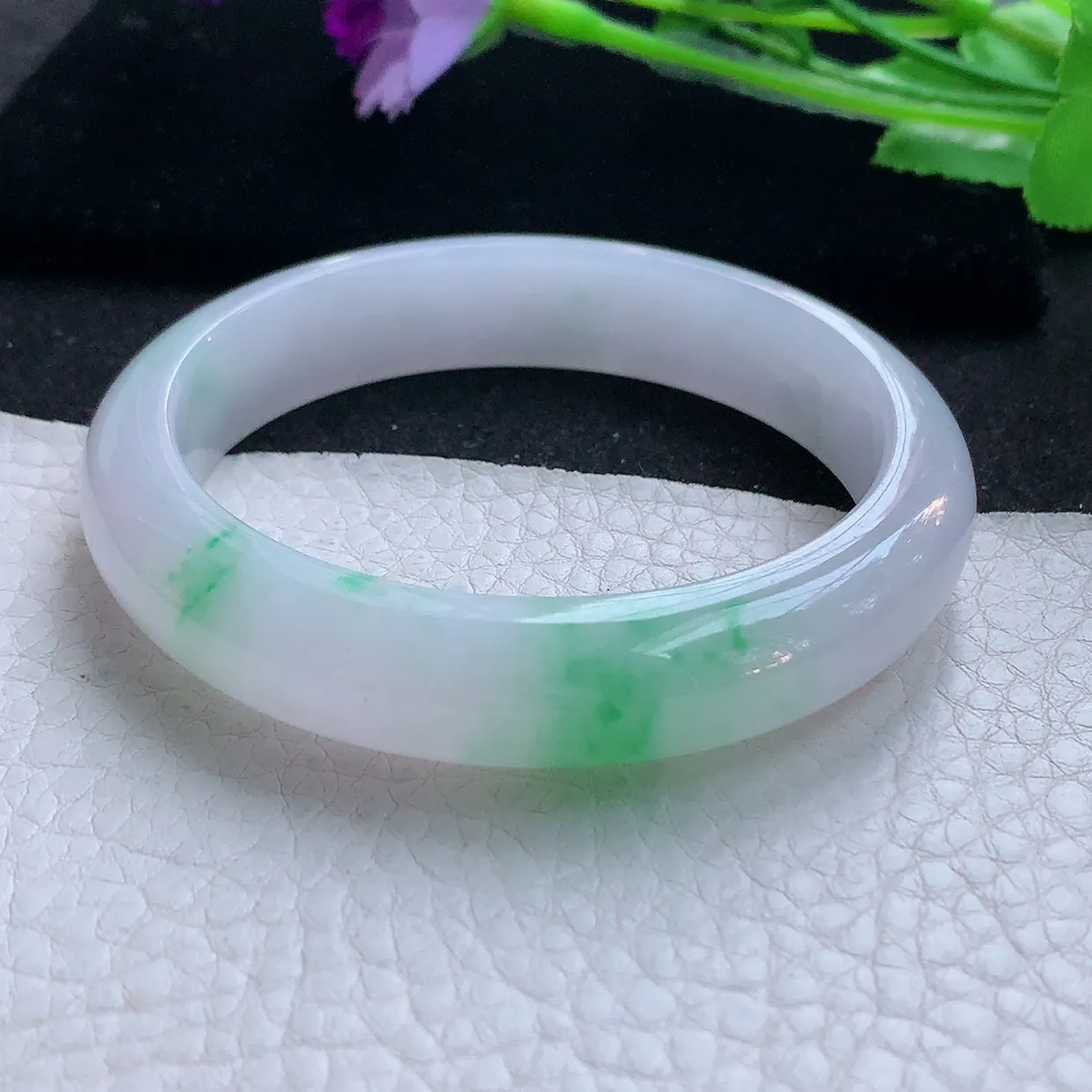 nr自然光57*12.8*8平安镯 天然翡翠A货玉手镯冰飘阳绿宽边玉手环