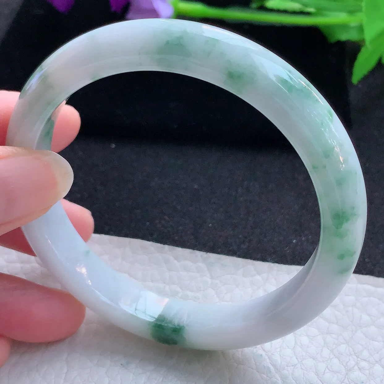 js大圈口61*11.6*8.2平安镯 天然翡翠A货玉手镯飘花灵动宽边玉手环