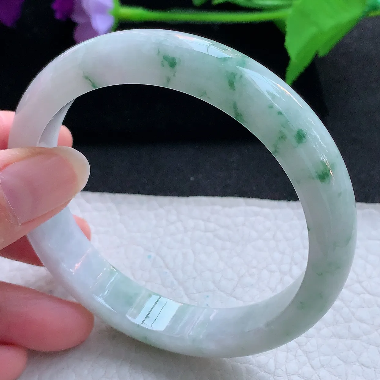 ll大圈口63*12.6*8.6平安镯 天然翡翠A货玉手镯飘花灵动宽边玉手环