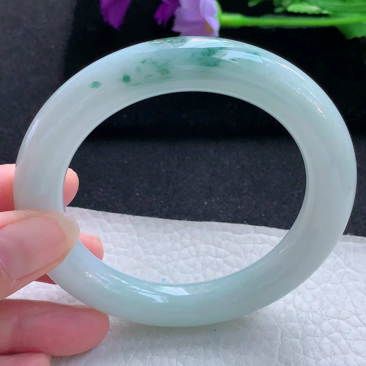 js大圈口60*12*11.8胖圆镯 天然翡翠A货玉手镯飘花大气圆条玉手环