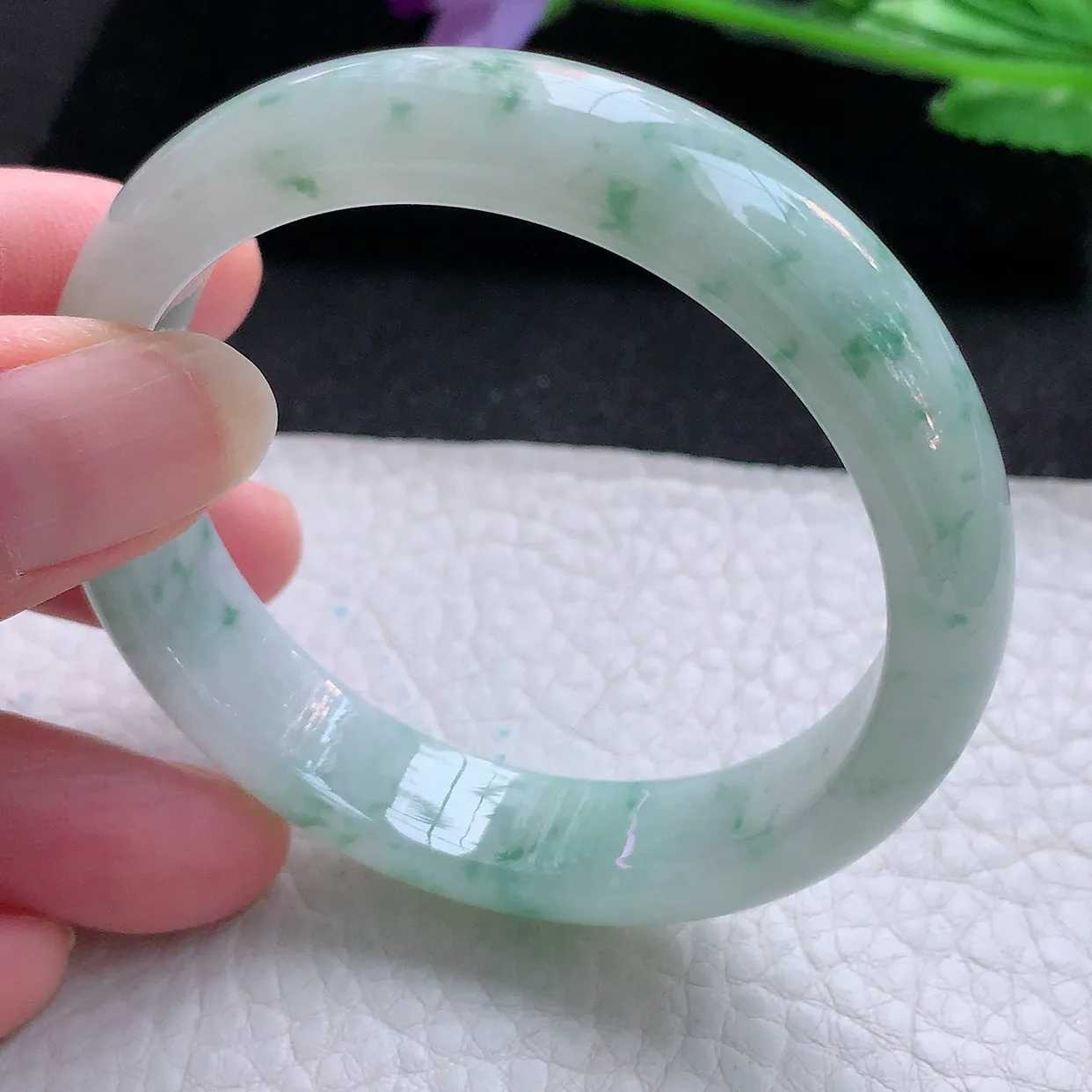 ll自然光53*12.5*7平安镯 天然翡翠A货玉手镯冰飘花清秀宽边玉手环