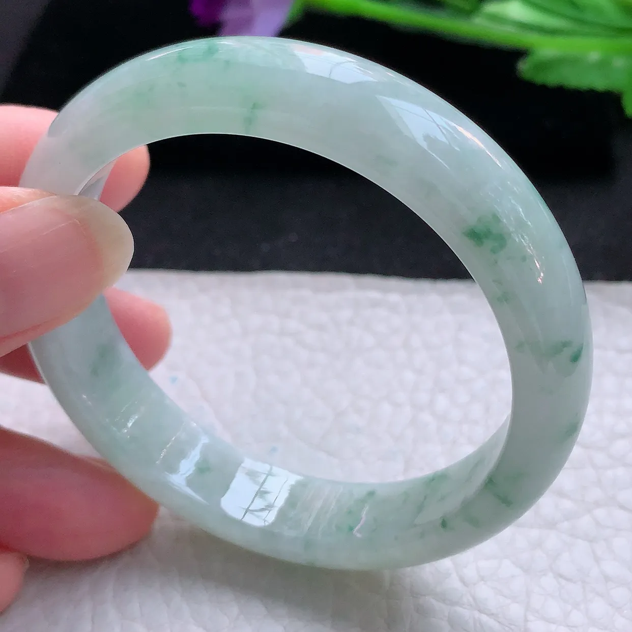 ll自然光53*12.5*7平安镯 天然翡翠A货玉手镯冰飘花清秀宽边玉手环