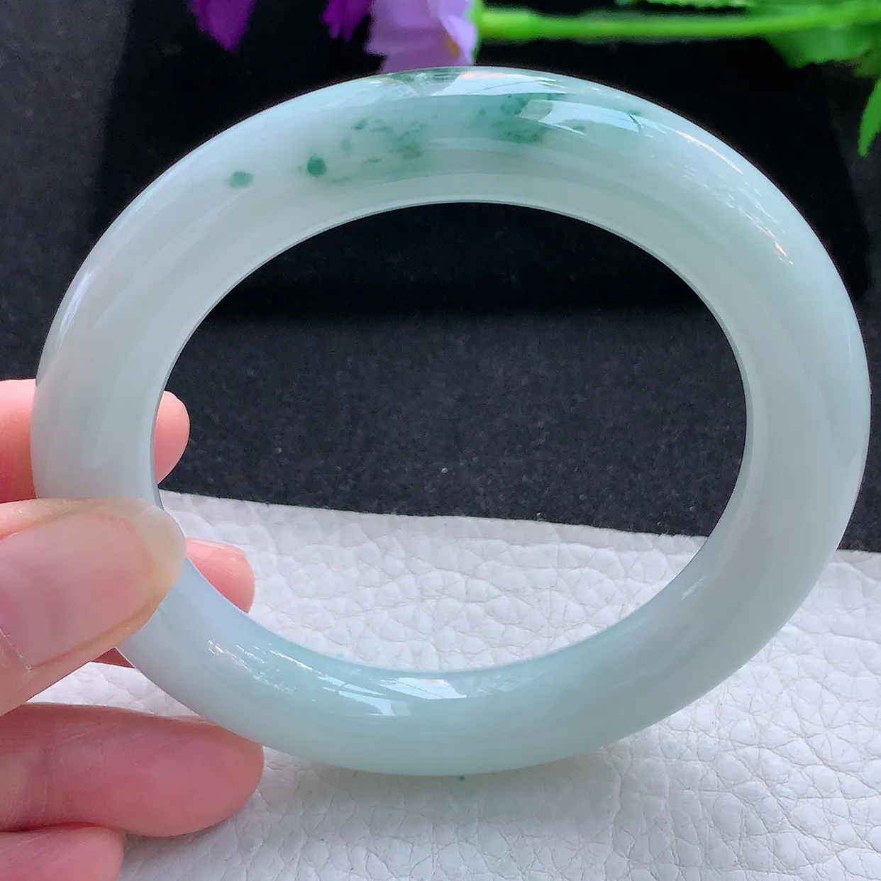 js大圈口60*12*11.8胖圆镯 天然翡翠A货玉手镯飘花大气圆条玉手环