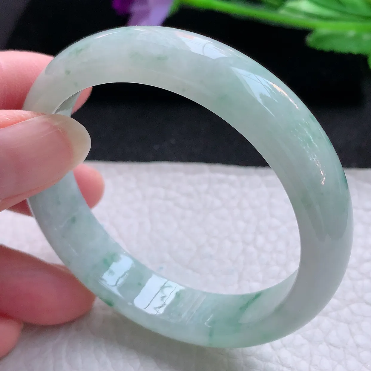 ll自然光53*12.5*7平安镯 天然翡翠A货玉手镯冰飘花清秀宽边玉手环