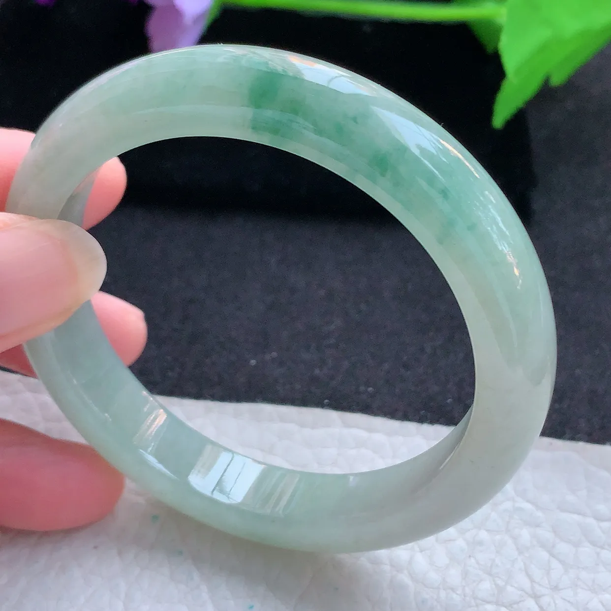 ll自然光56.5*11.3*8.2平安镯 天然翡翠A货玉手镯冰飘花清秀宽边玉手环