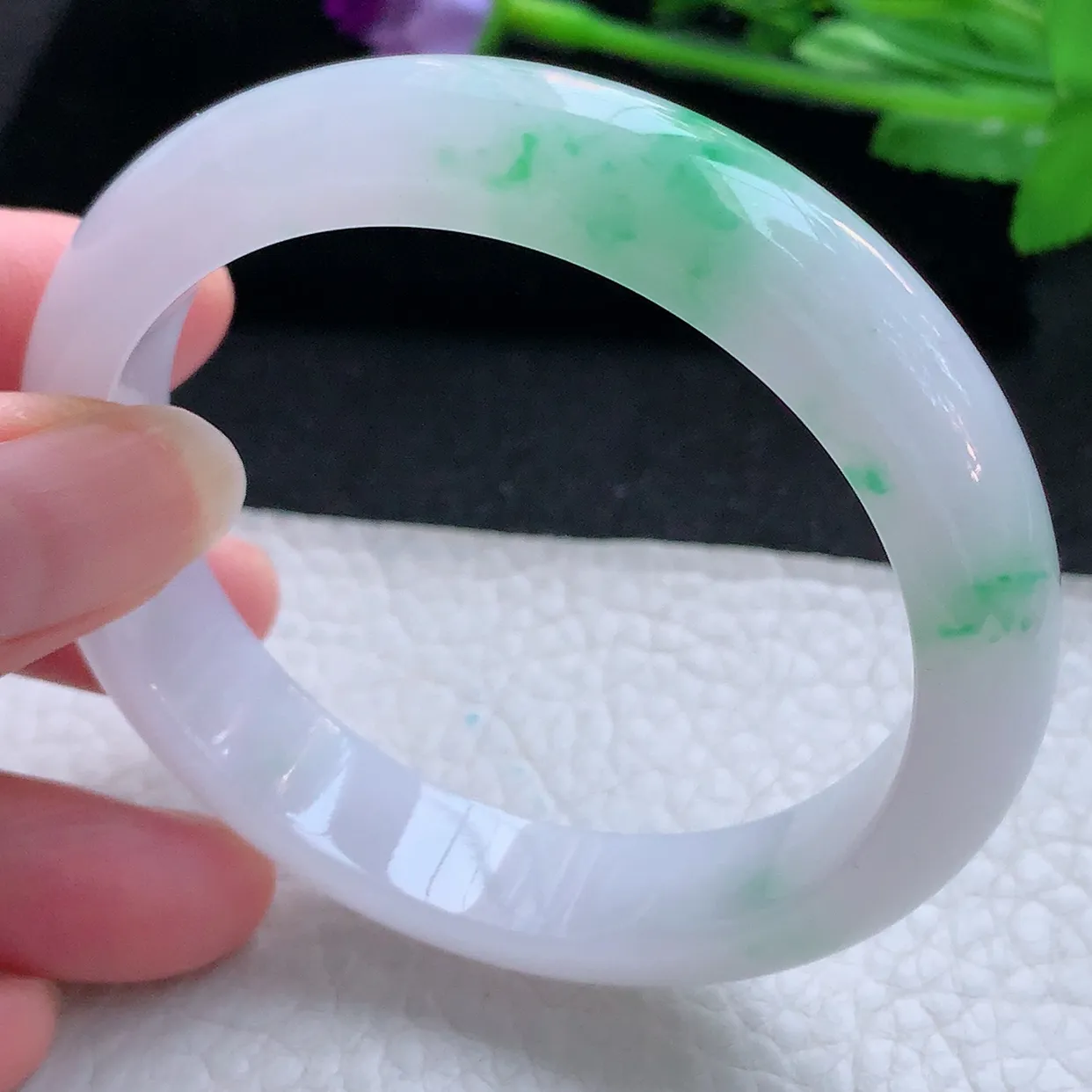 nr自然光57*12.8*8平安镯 天然翡翠A货玉手镯冰飘阳绿宽边玉手环