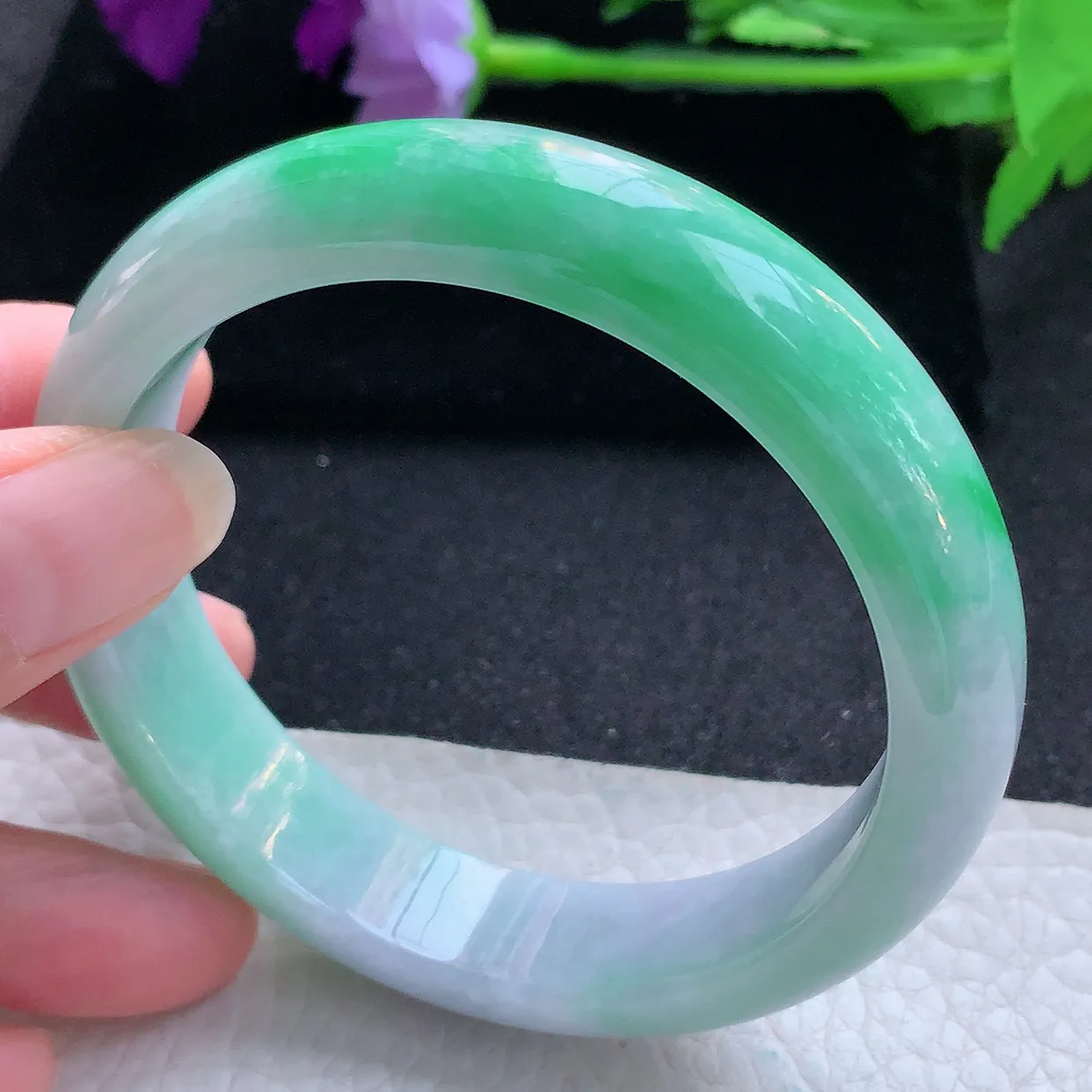 js大圈口60*14*8平安镯 天然翡翠A货玉手镯飘绿大气宽边玉手环