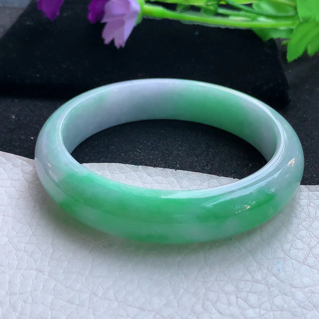 js大圈口60*14*8平安镯 天然翡翠A货玉手镯飘绿大气宽边玉手环