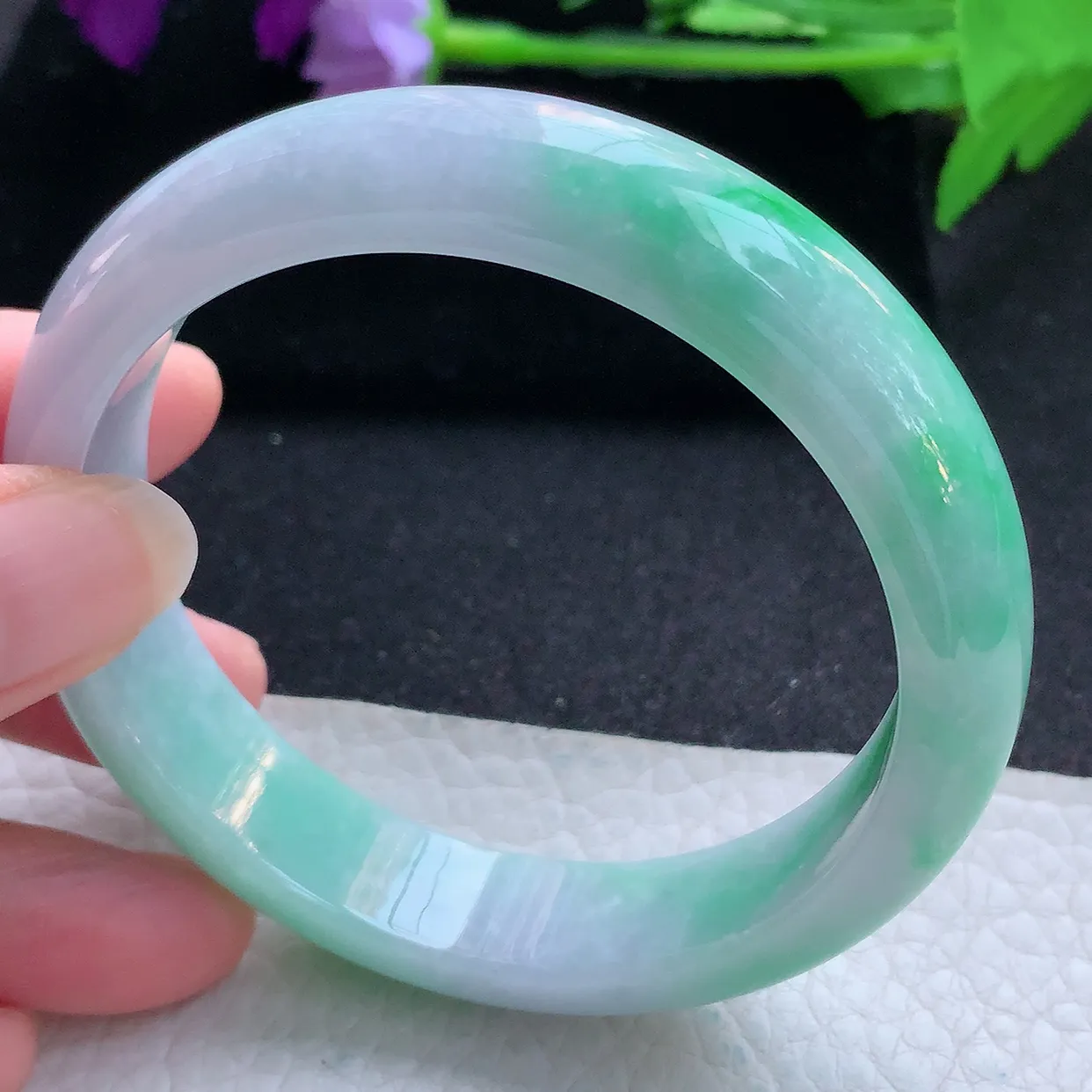 js大圈口60*14*8平安镯 天然翡翠A货玉手镯飘绿大气宽边玉手环