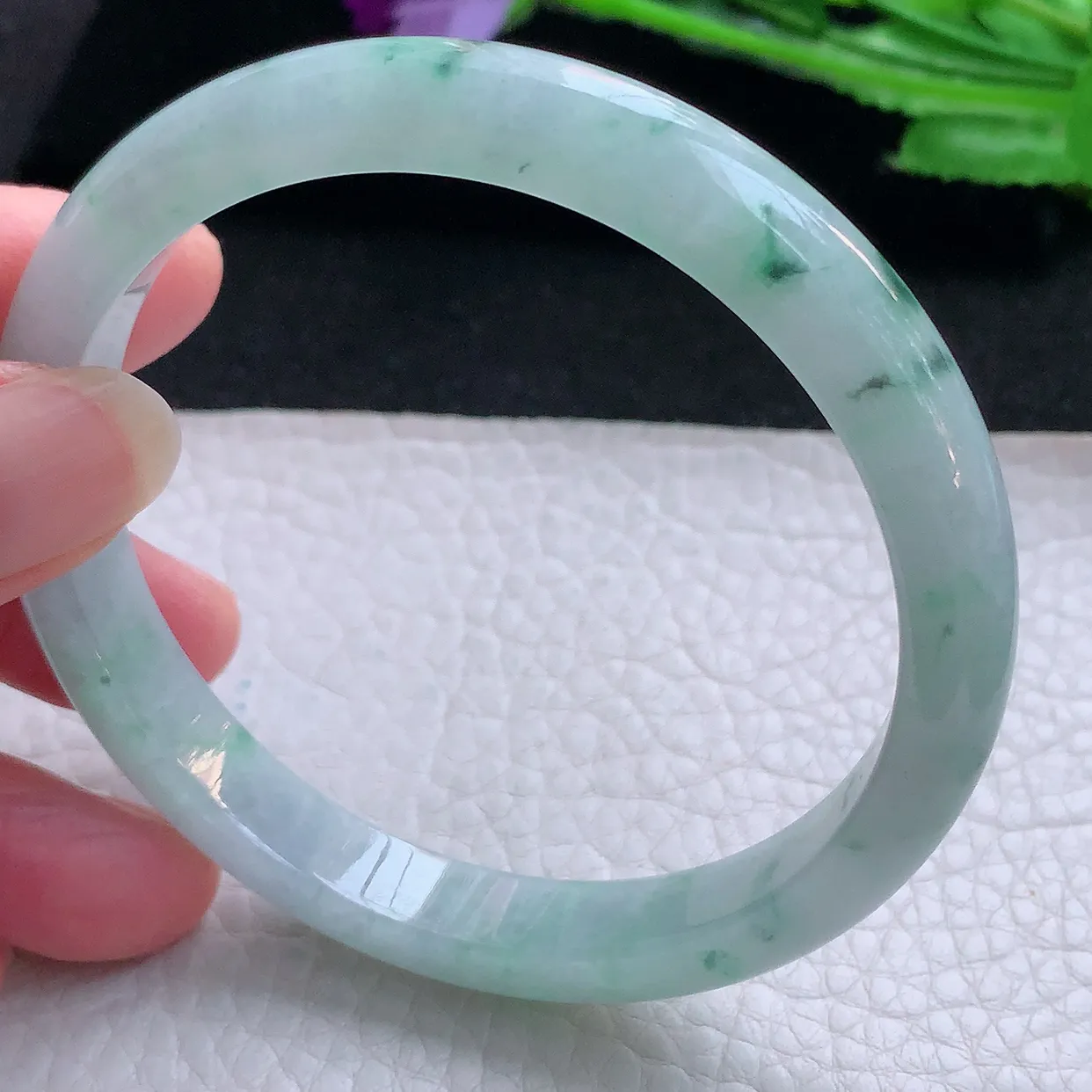 ee大圈口60*9.6*7平安镯 缅甸翡翠A货玉手镯冰飘花秀气宽边玉手环
