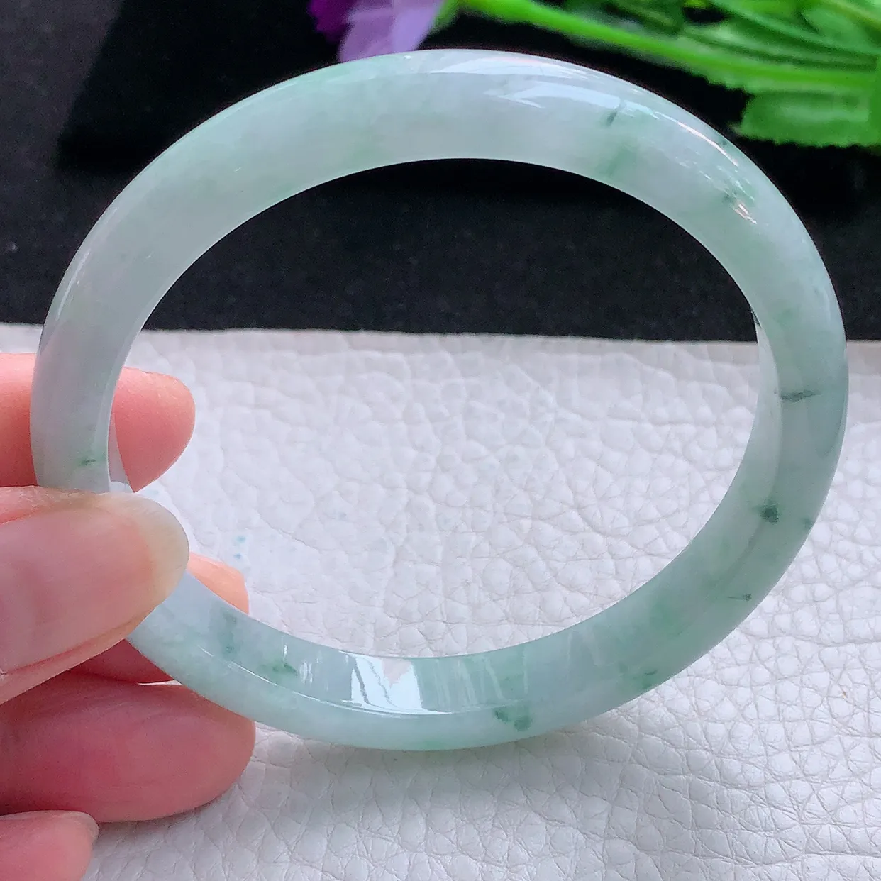ee大圈口60*9.6*7平安镯 缅甸翡翠A货玉手镯冰飘花秀气宽边玉手环