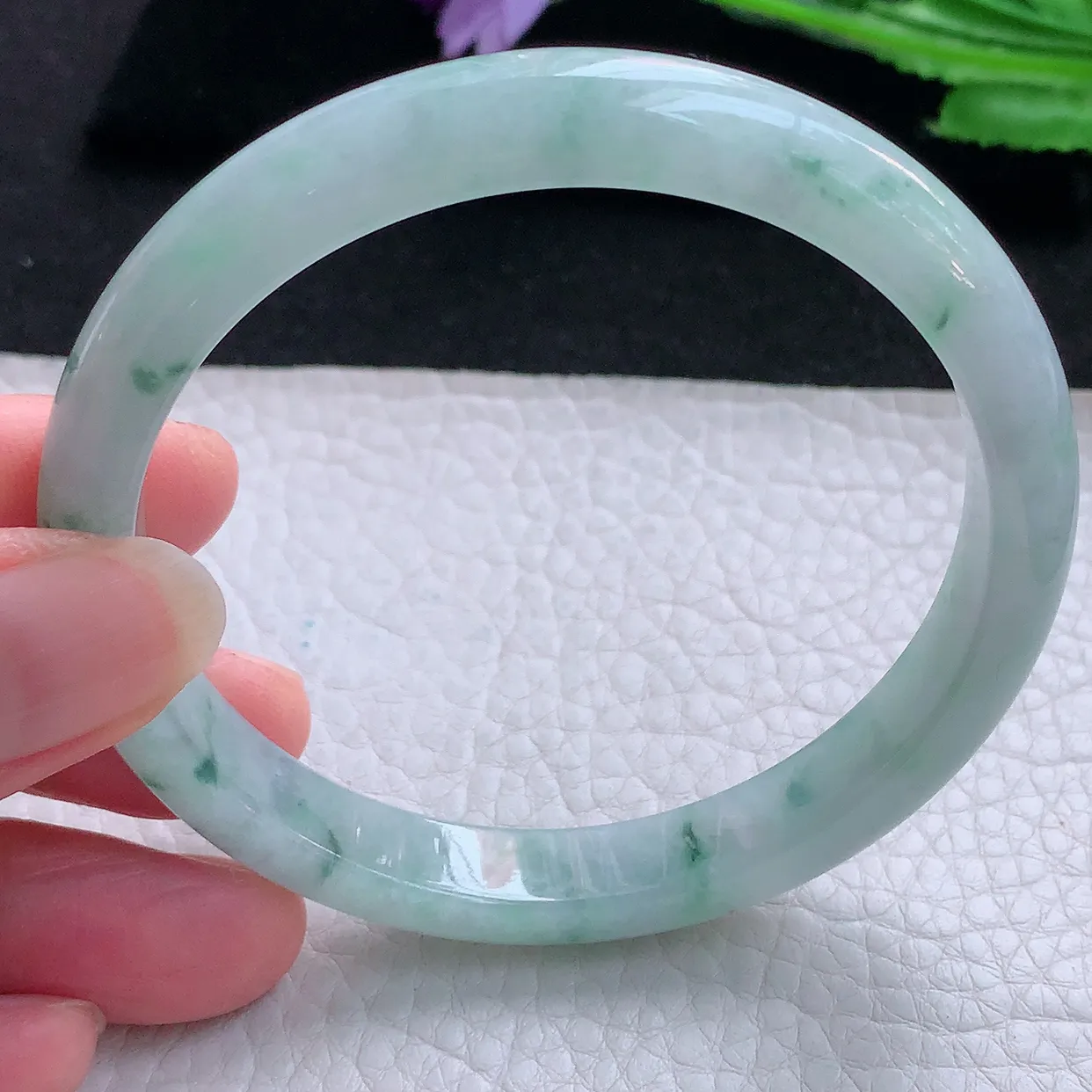 ee大圈口60*9.6*7平安镯 缅甸翡翠A货玉手镯冰飘花秀气宽边玉手环